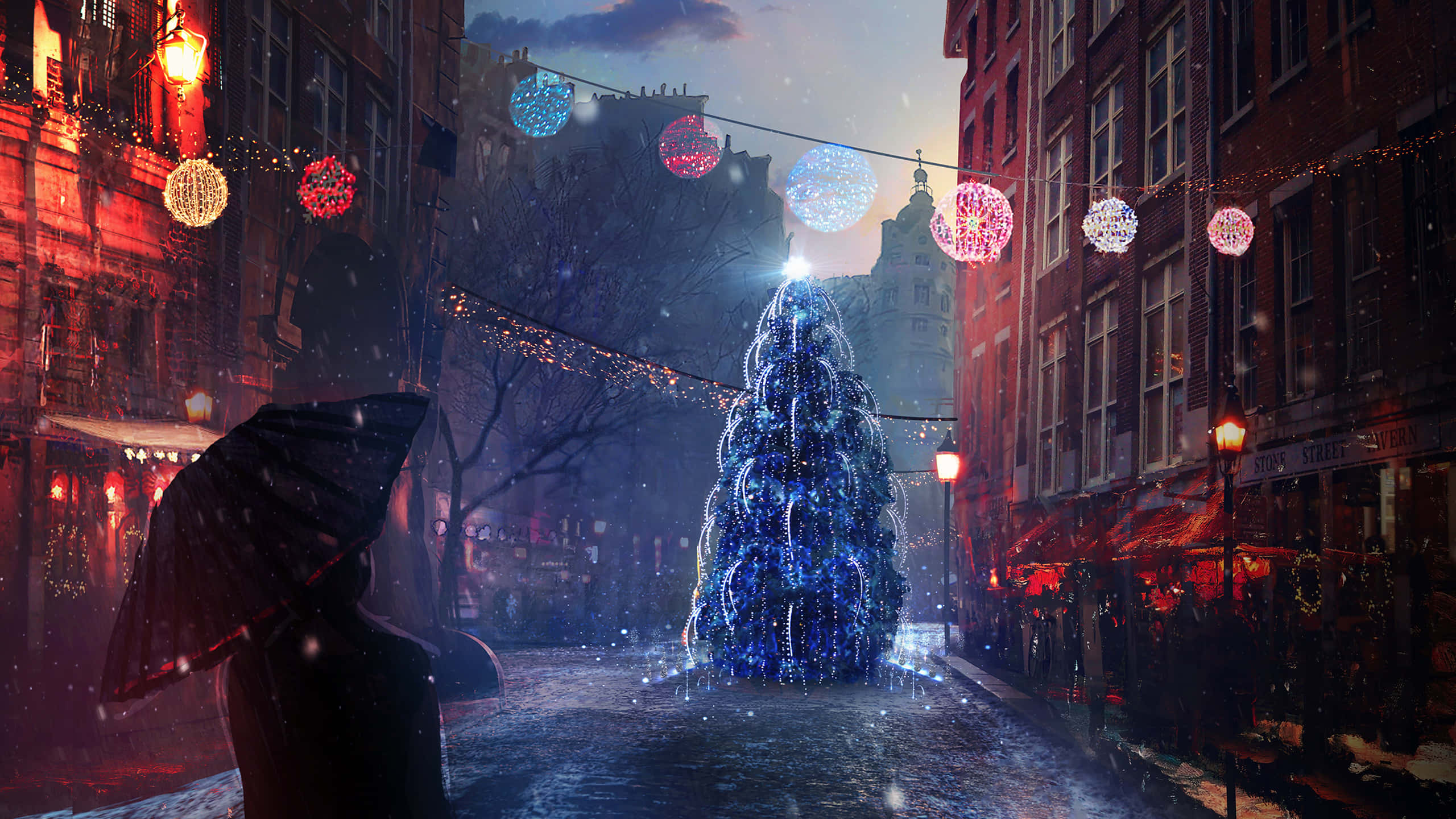 Christmas Eve, snowy city street, dusk, 2K Desktop Wallpaper