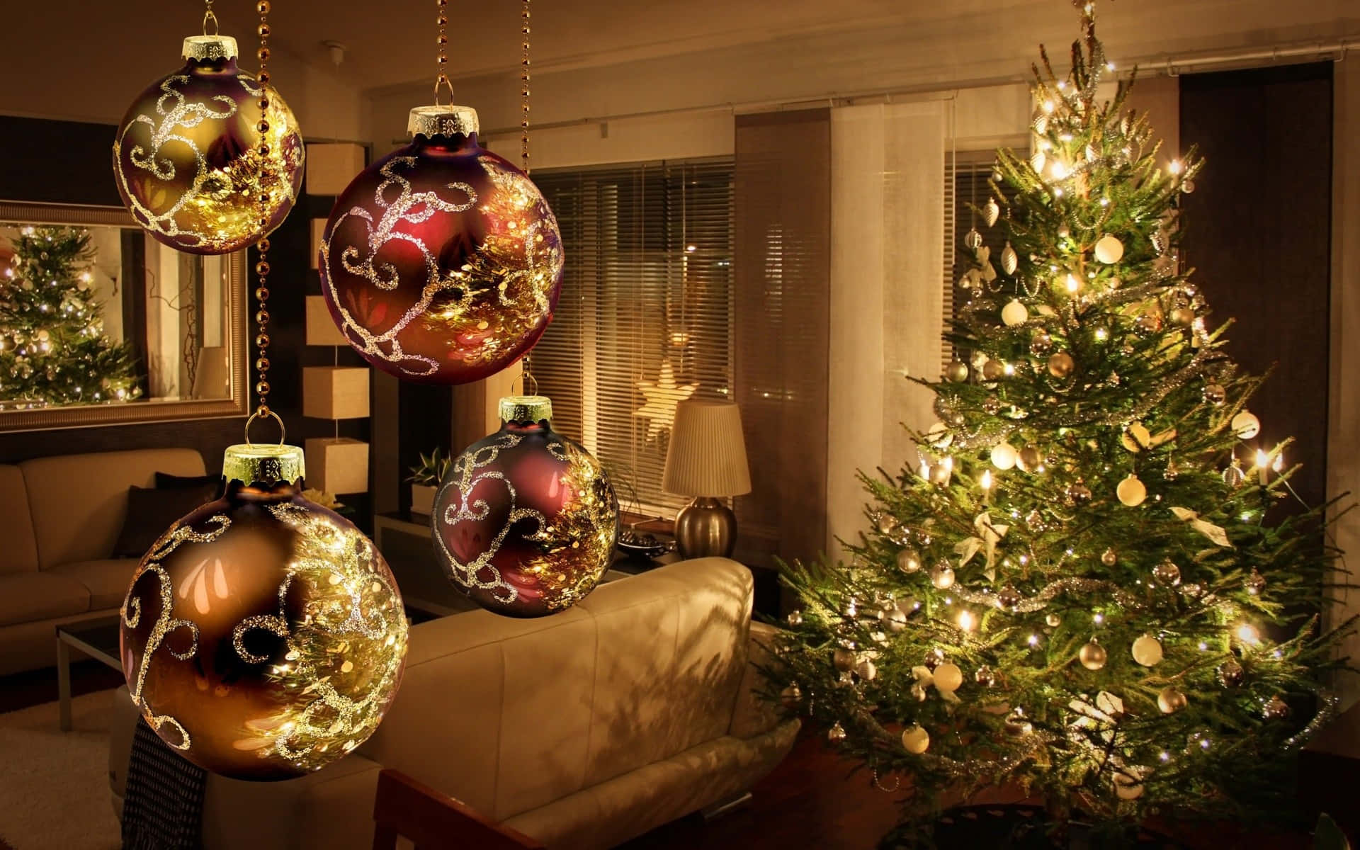 Christmas Eve, glowing oversized ornaments, cozy living room, Full HD Desktop Wallpaper