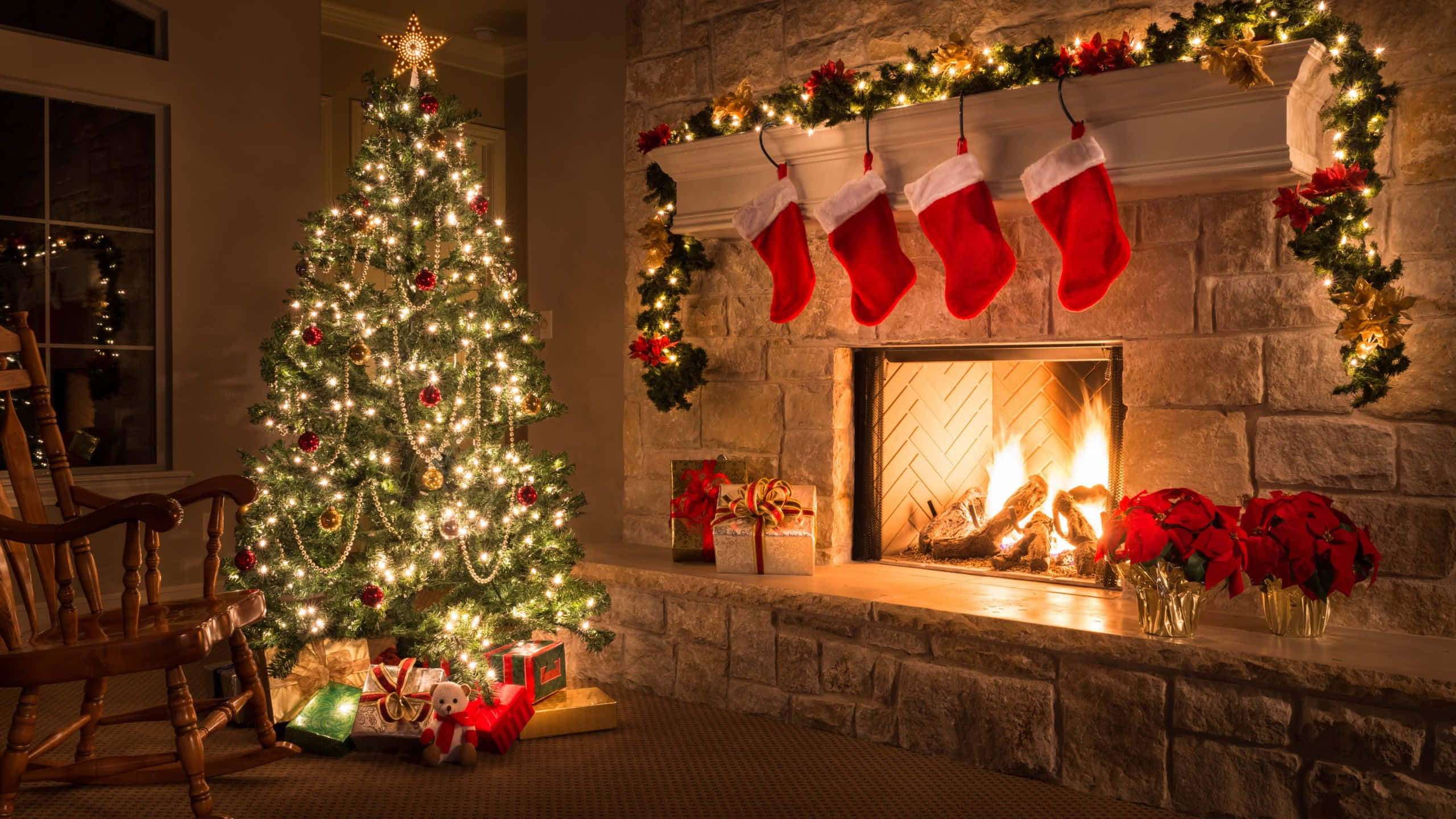 Christmas Eve, living room, glowing fireplace, 2K Desktop Wallpaper