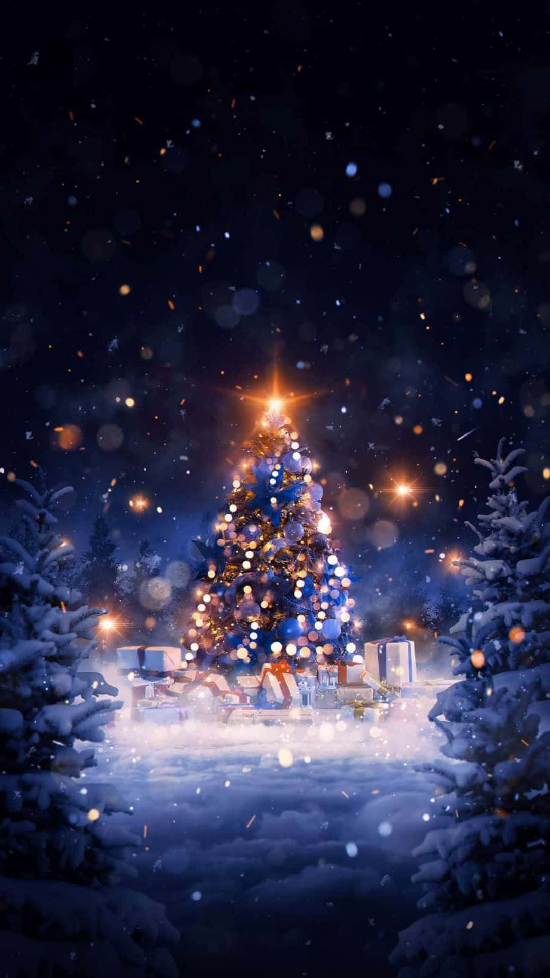 Christmas Eve, snowy forest, glowing Christmas tree, Full HD Phone Wallpaper
