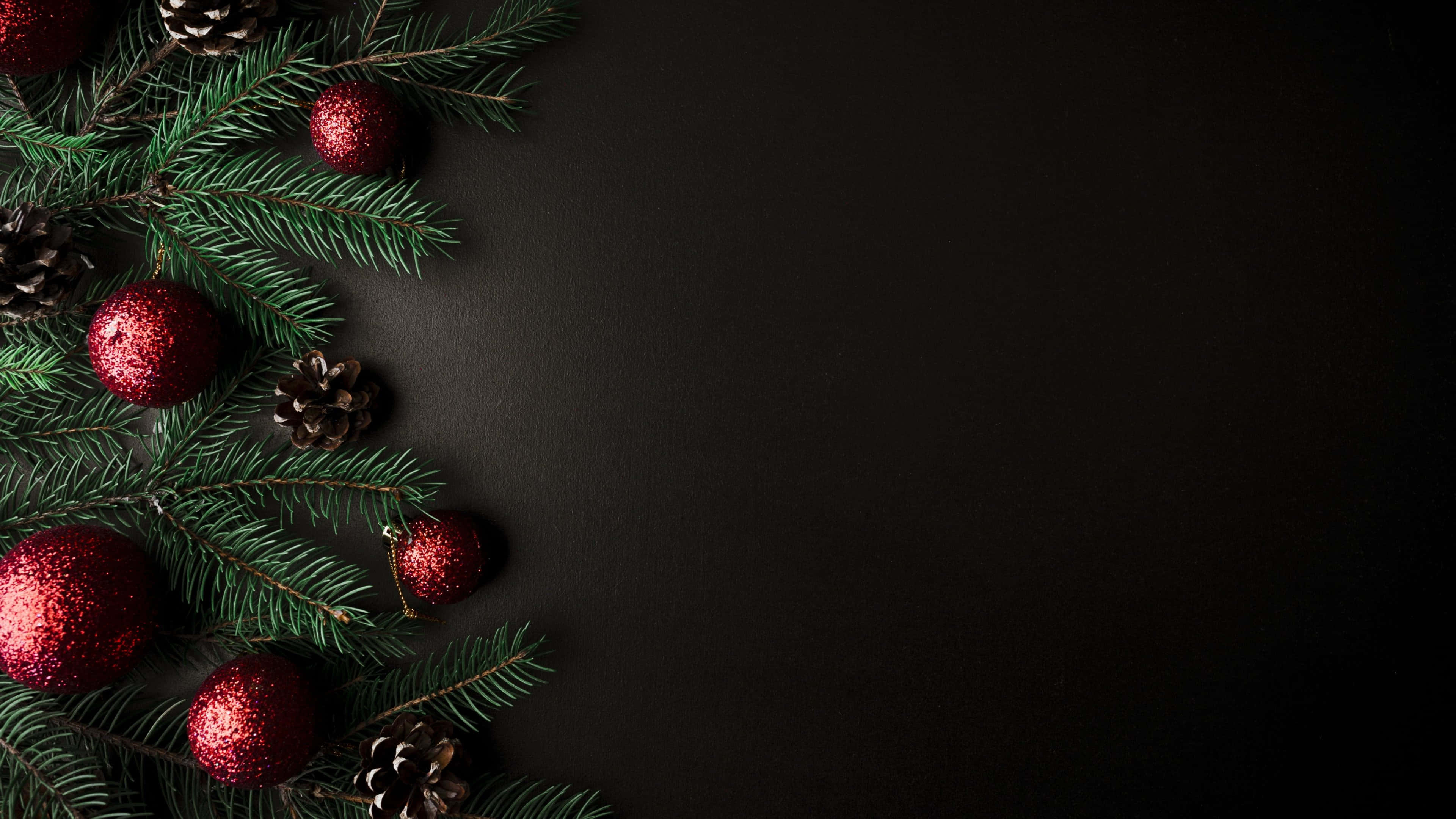Christmas night, festive red, pinecones, 4K Desktop Wallpaper
