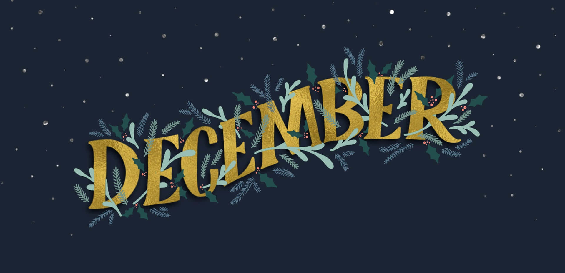 December, golden foil lettering, holly, Full HD Desktop Wallpaper