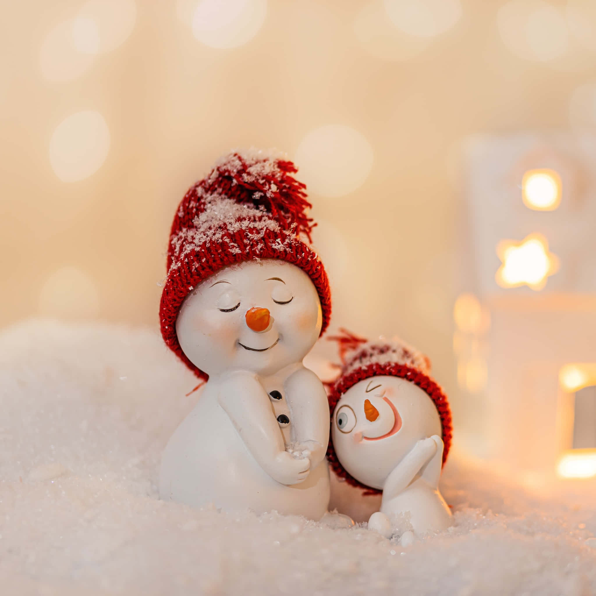 Christmas Eve, ceramic snowmen figurines, soft snow, Full HD Desktop Wallpaper