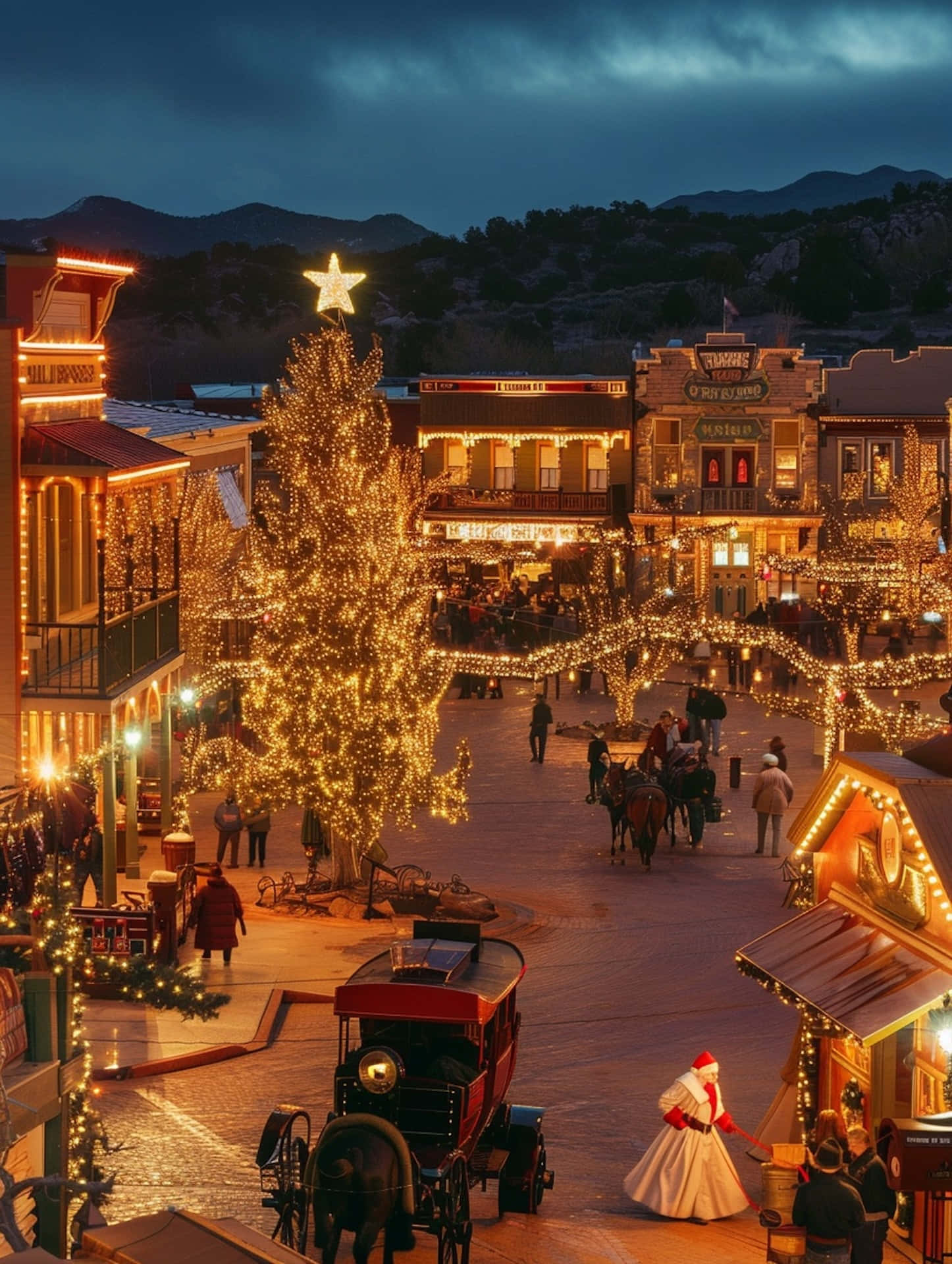 Christmas Town Lights Festive Evening, western town square, dusk, Full HD Phone Wallpaper