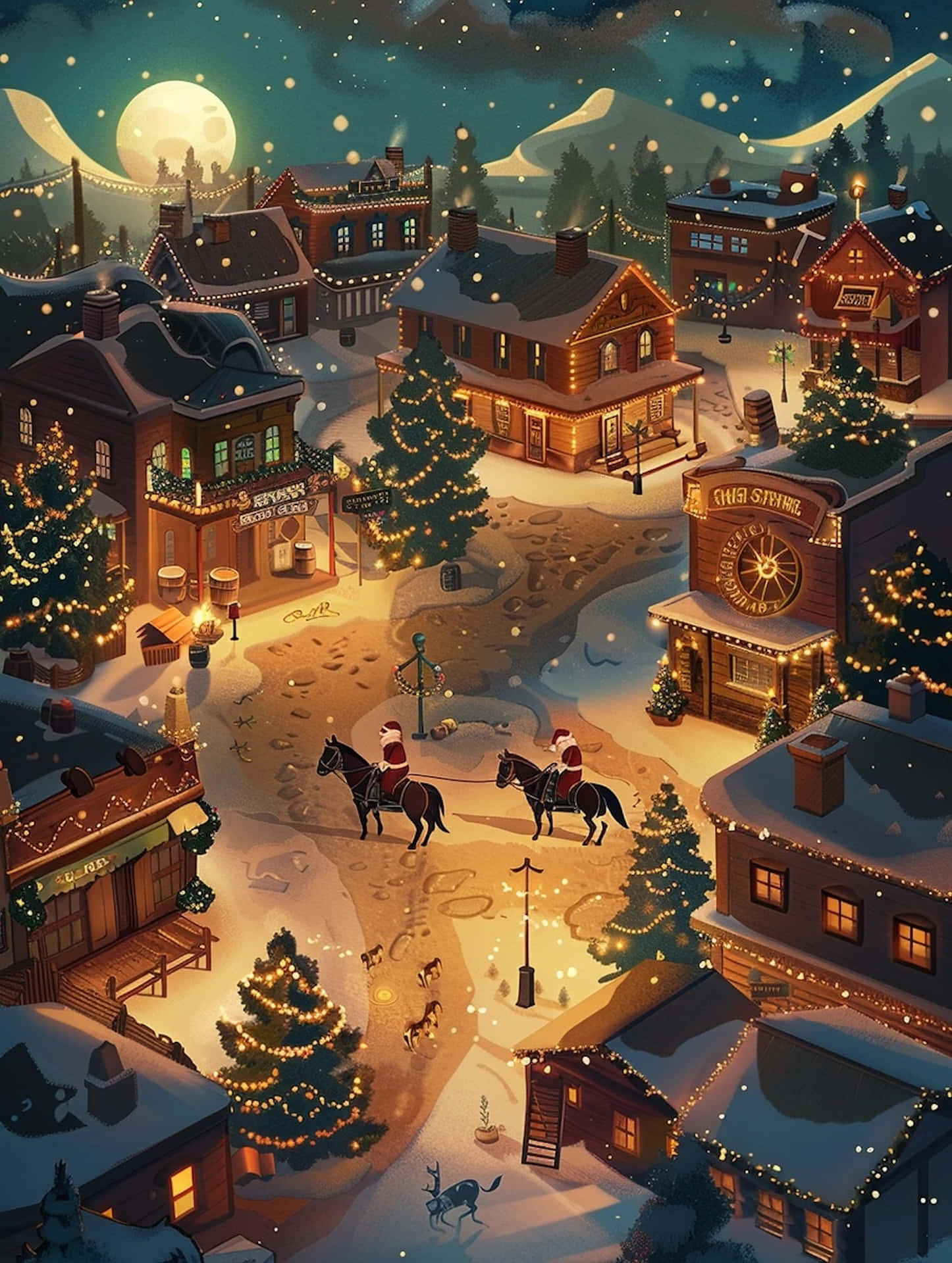 Enchanted Christmas Village Night, snow-covered western town, glowing string lights, Full HD Phone Wallpaper