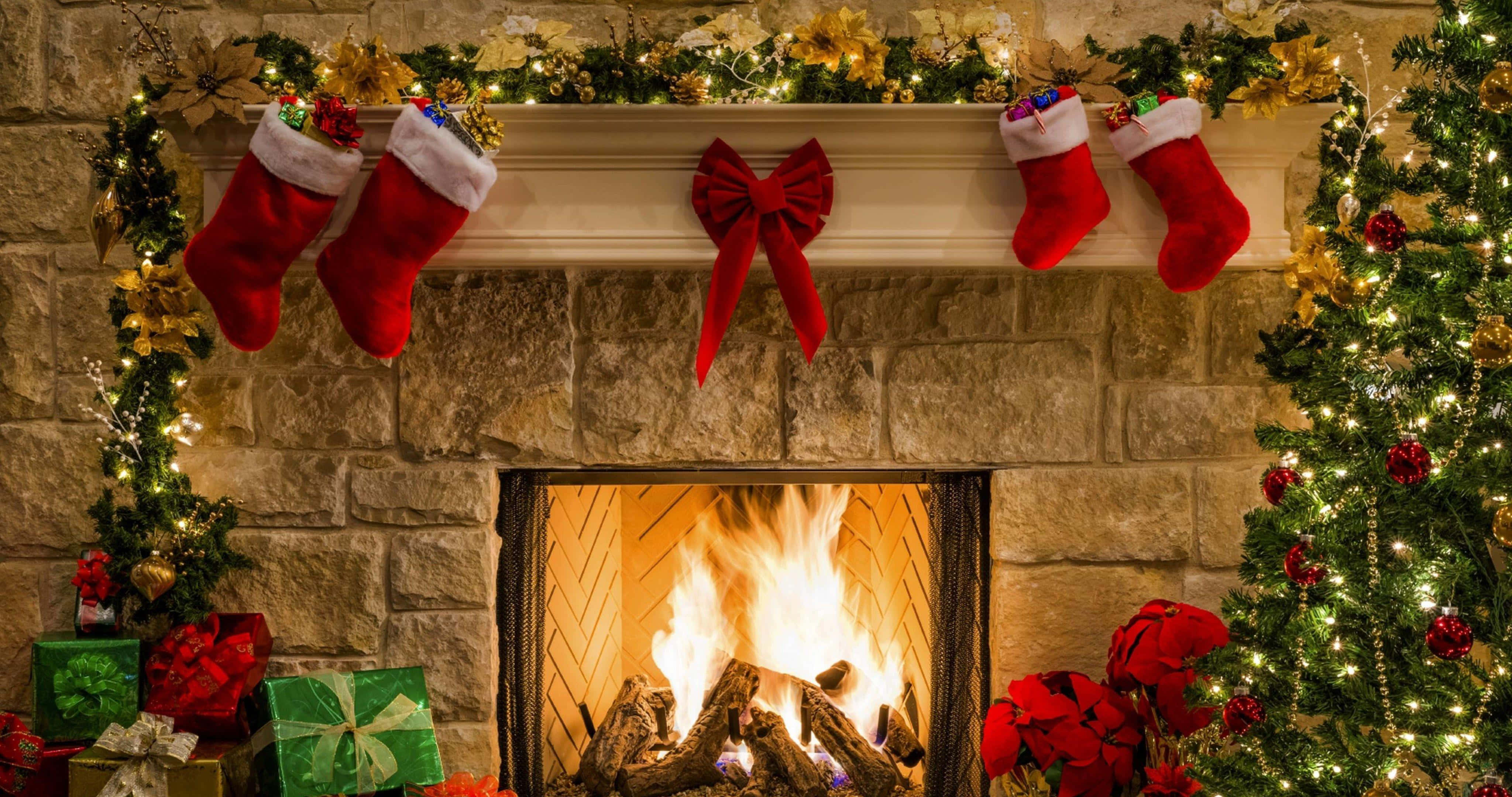 cozy christmas fireplace, stone fireplace, warm flames, 4K Desktop Wallpaper