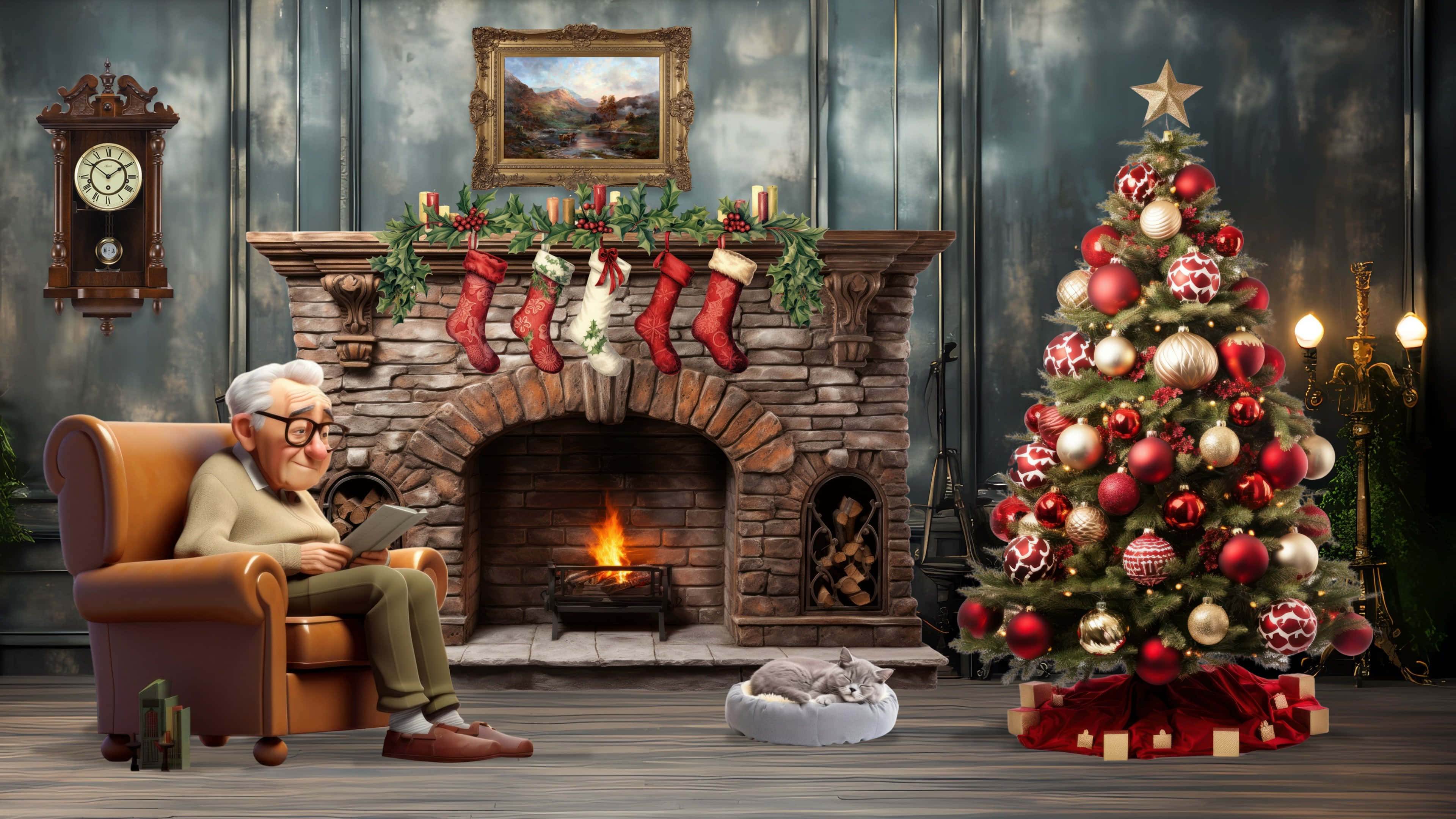 cozy christmas fireplace scene, roaring fireplace, lavishly decorated Christmas tree, 4K Desktop Wallpaper