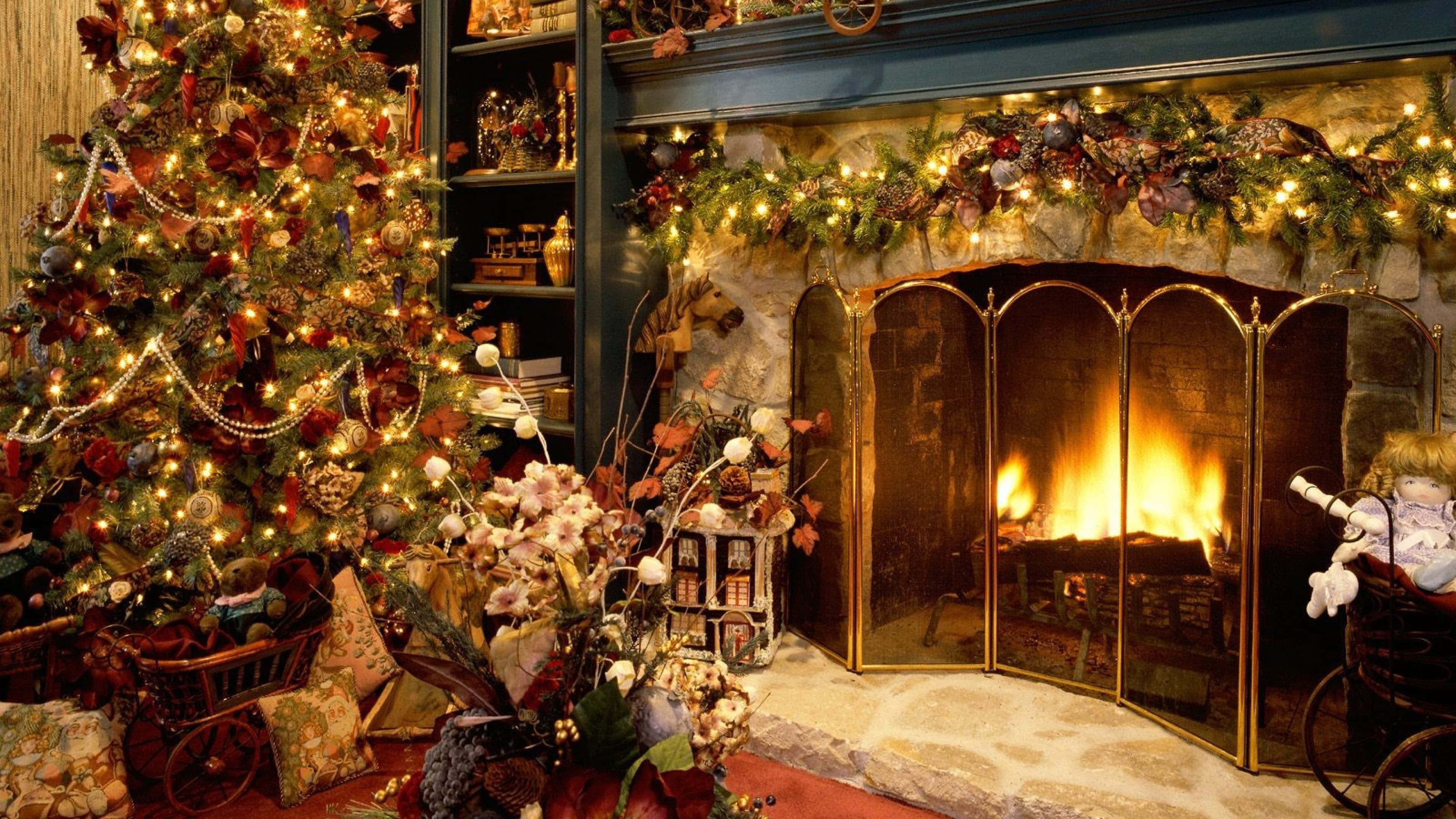 Christmas tree, roaring fireplace, festive decorations, 4K Desktop Wallpaper