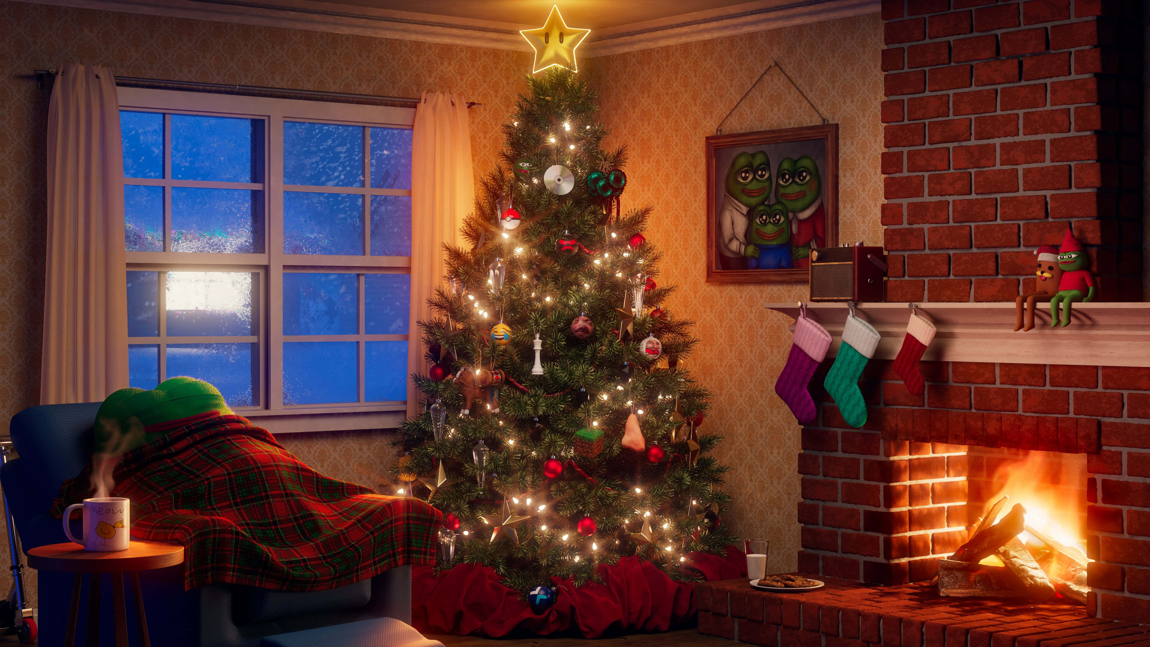 cozy christmas fireplace scene, Christmas night, warmly lit living room, 4K Desktop Wallpaper