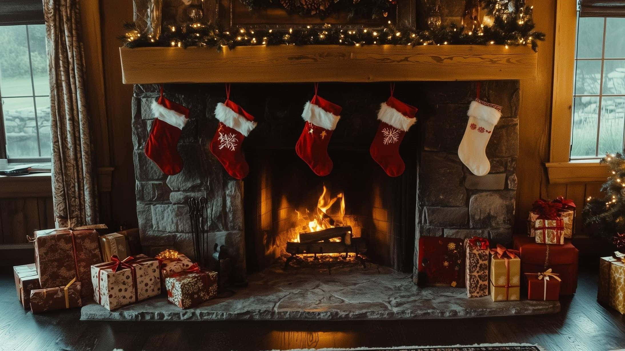 cozy Christmas fireplace scene, stone fireplace, fire, Full HD Desktop Wallpaper