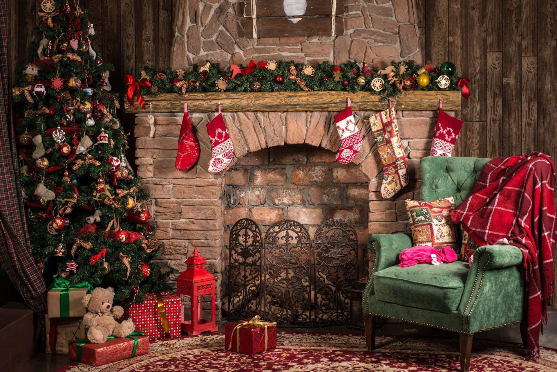 cozy Christmas fireplace scene, rustic living room, stone fireplace, Full HD Desktop Wallpaper