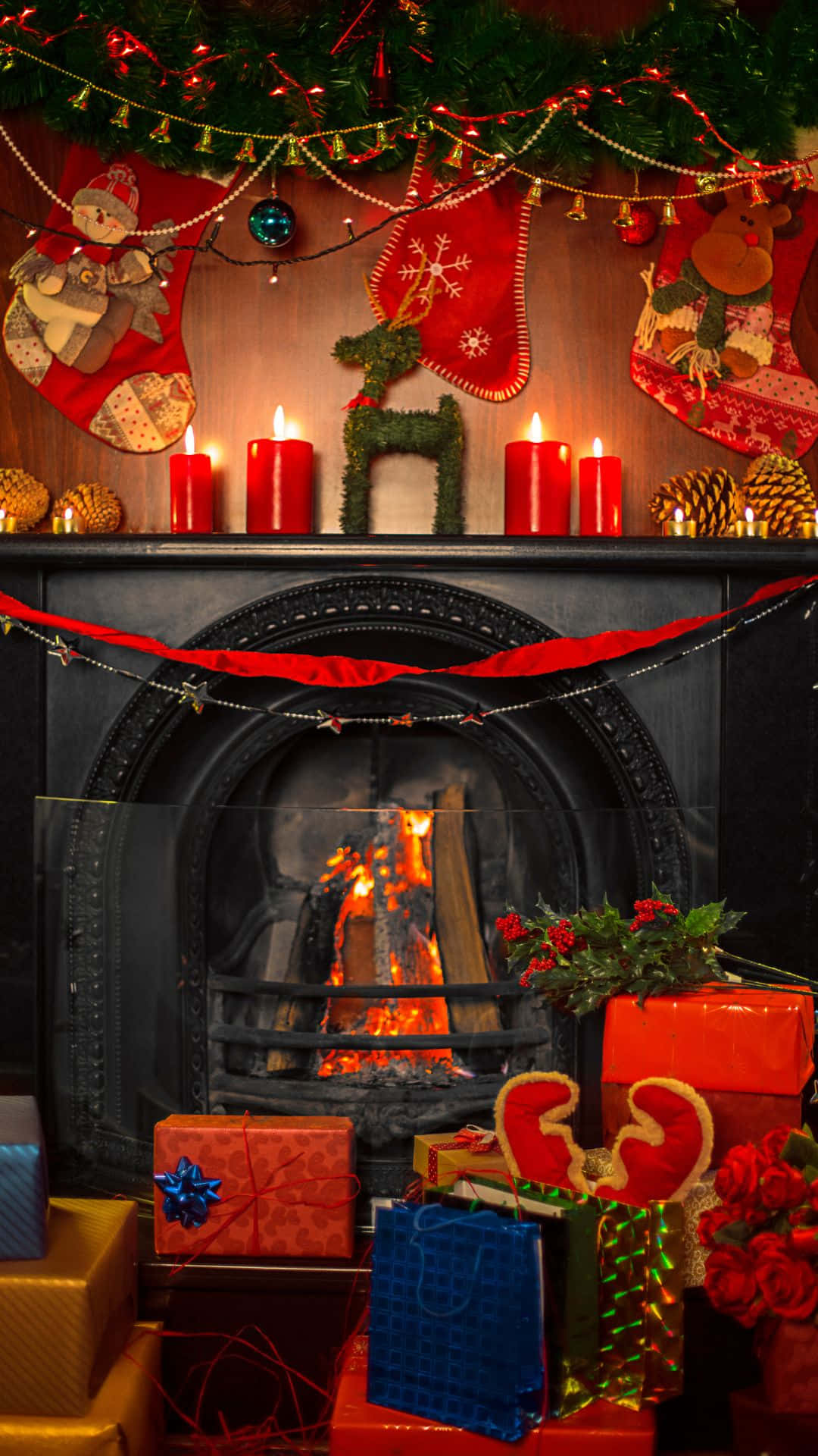 cozy christmas fireplace, warm flames, colorful stockings, Full HD Phone Wallpaper