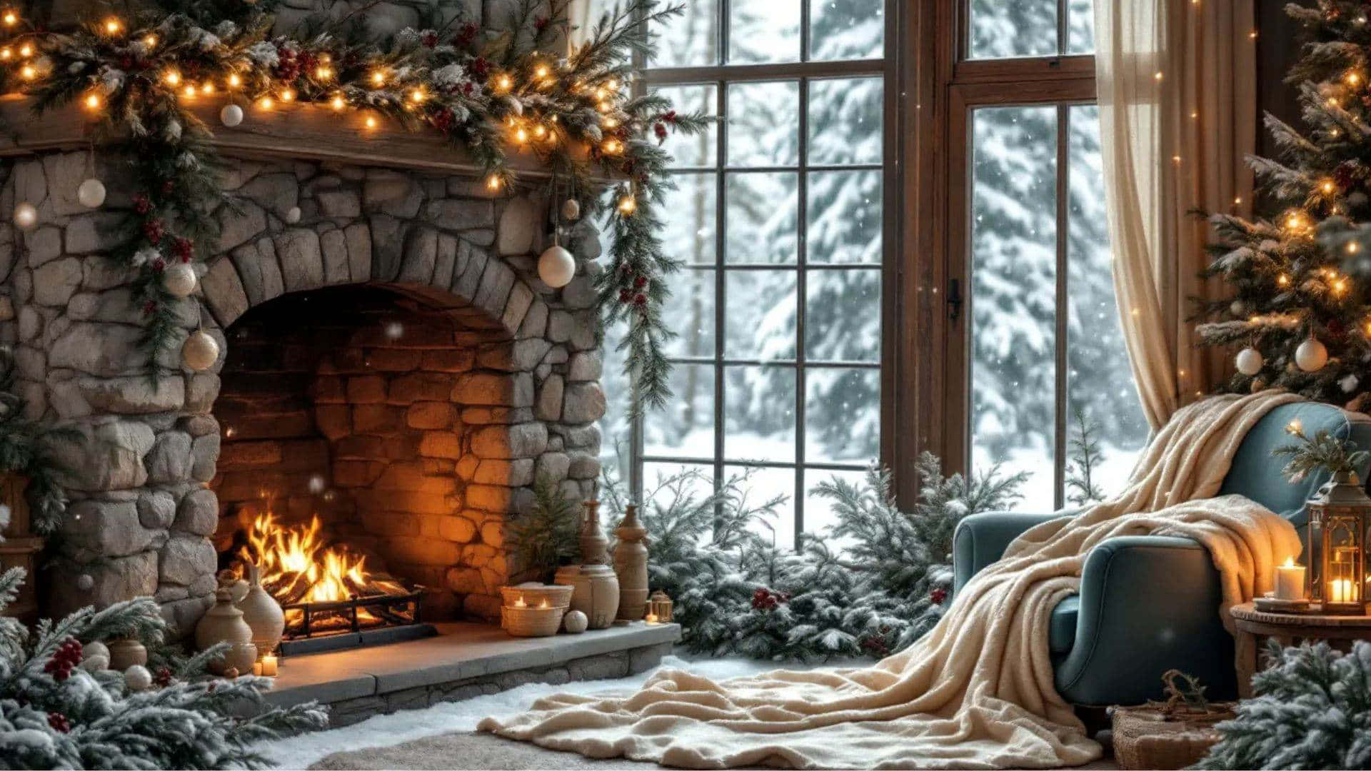cozy Christmas fireplace scene, stone fireplace, warm flames, Full HD Desktop Wallpaper
