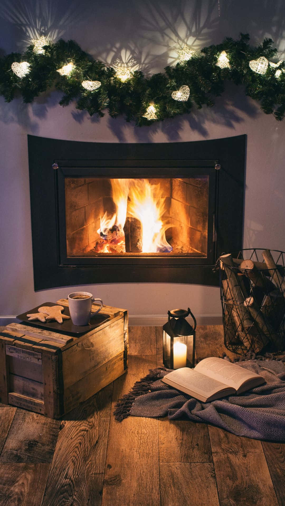 cozy christmas fireplace scene, crackling flames, warm light, Full HD Phone Wallpaper