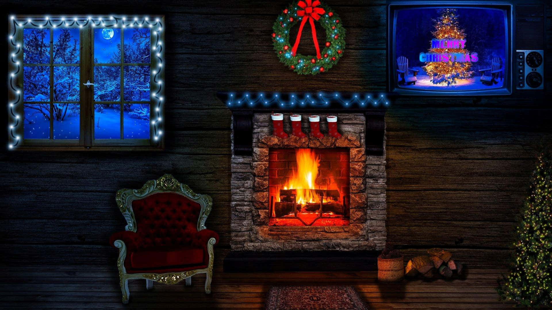 cozy Christmas fireplace scene, rustic living room, stone fireplace, Full HD Desktop Wallpaper
