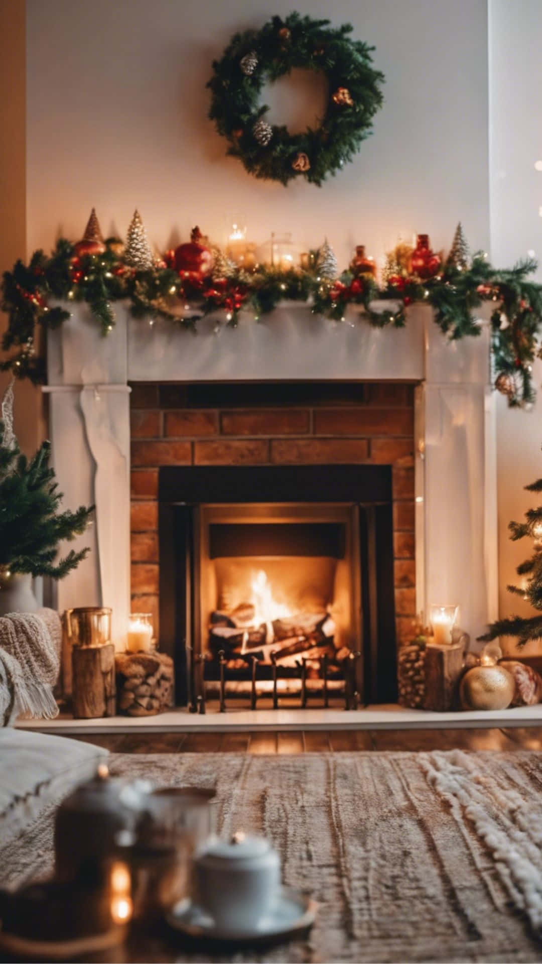 cozy christmas fireplace decor, crackling logs, festive garland, Full HD Phone Wallpaper