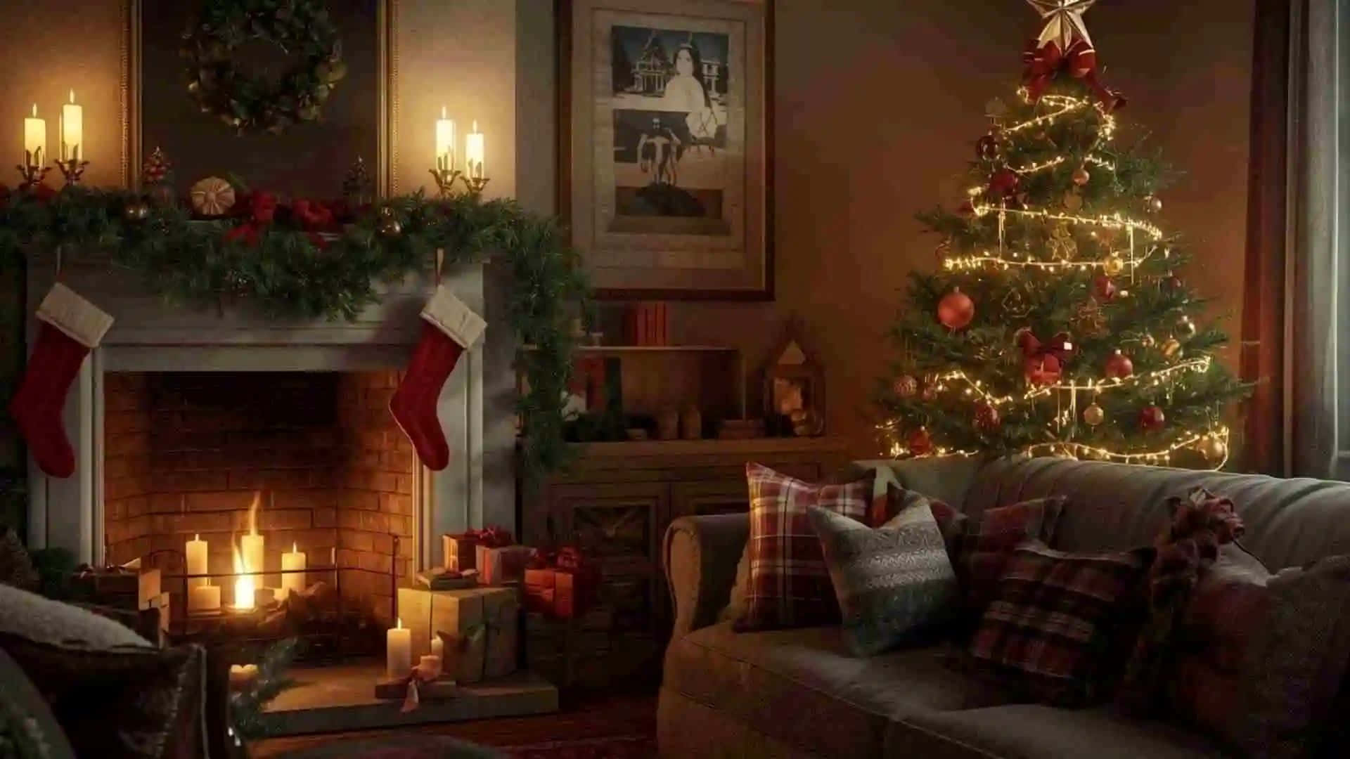 cozy Christmas fireplace scene, living room, lit fireplace, Full HD Desktop Wallpaper