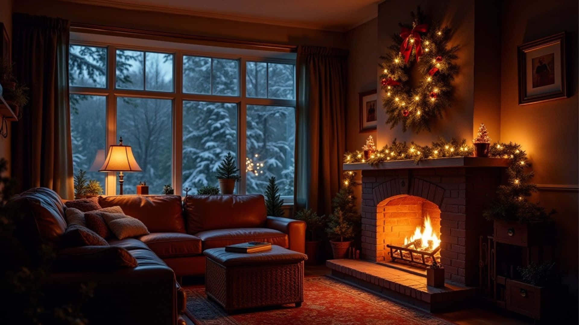 cozy christmas fireplace room, roaring fireplace, snow-covered window view, Full HD Desktop Wallpaper