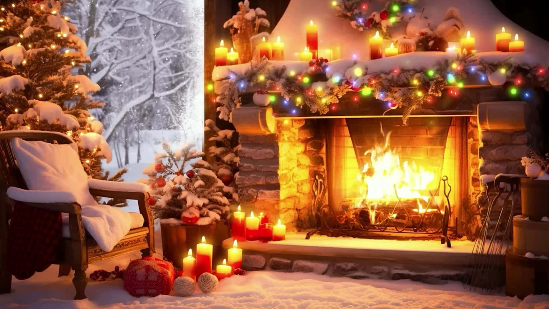 cozy Christmas fireplace scene, snow-covered living room, roaring fireplace, Full HD Desktop Wallpaper