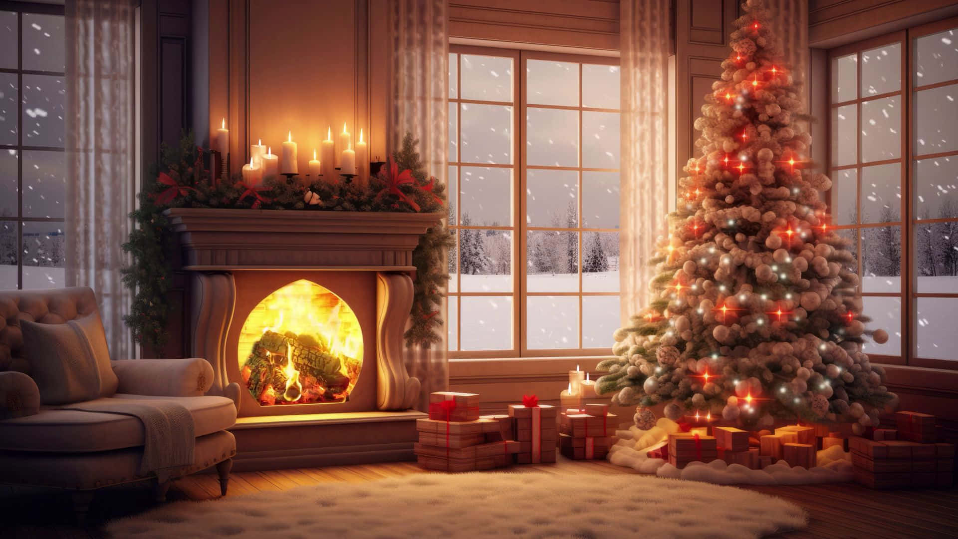 cozy Christmas fireplace scene, roaring fireplace, candles, Full HD Desktop Wallpaper