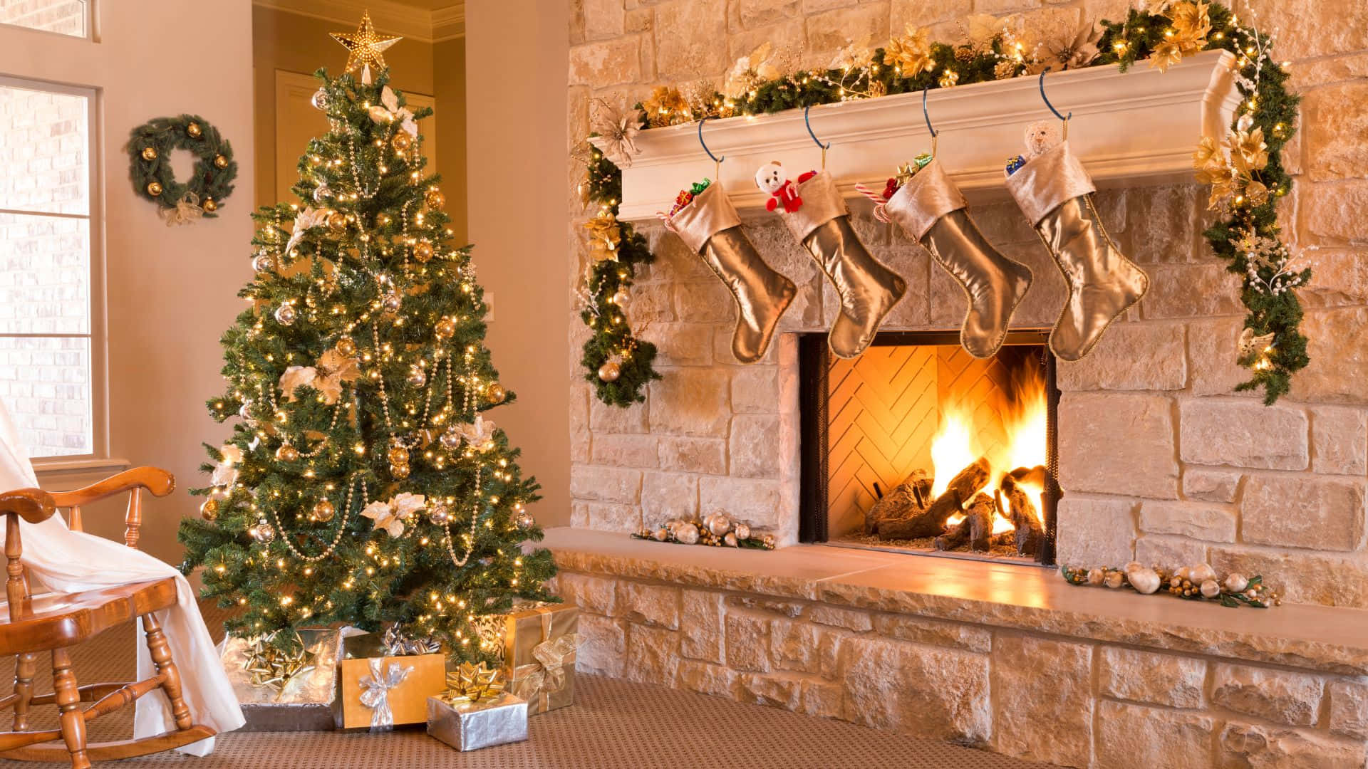 cozy christmas fireplace, stone fireplace, golden stockings, Full HD Desktop Wallpaper