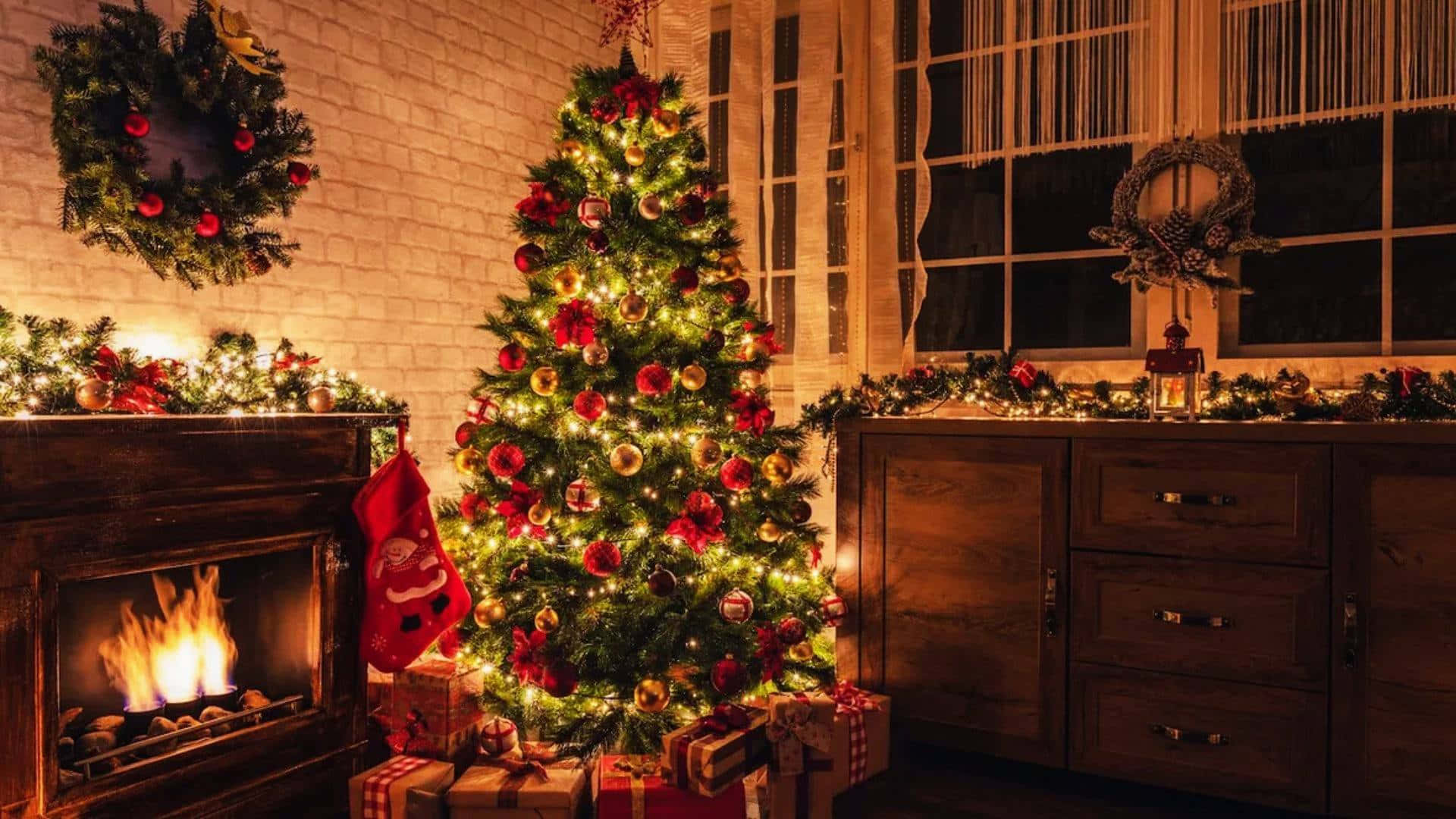 cozy Christmas fireplace scene, crackling fireplace, cozy rustic living room, Full HD Desktop Wallpaper