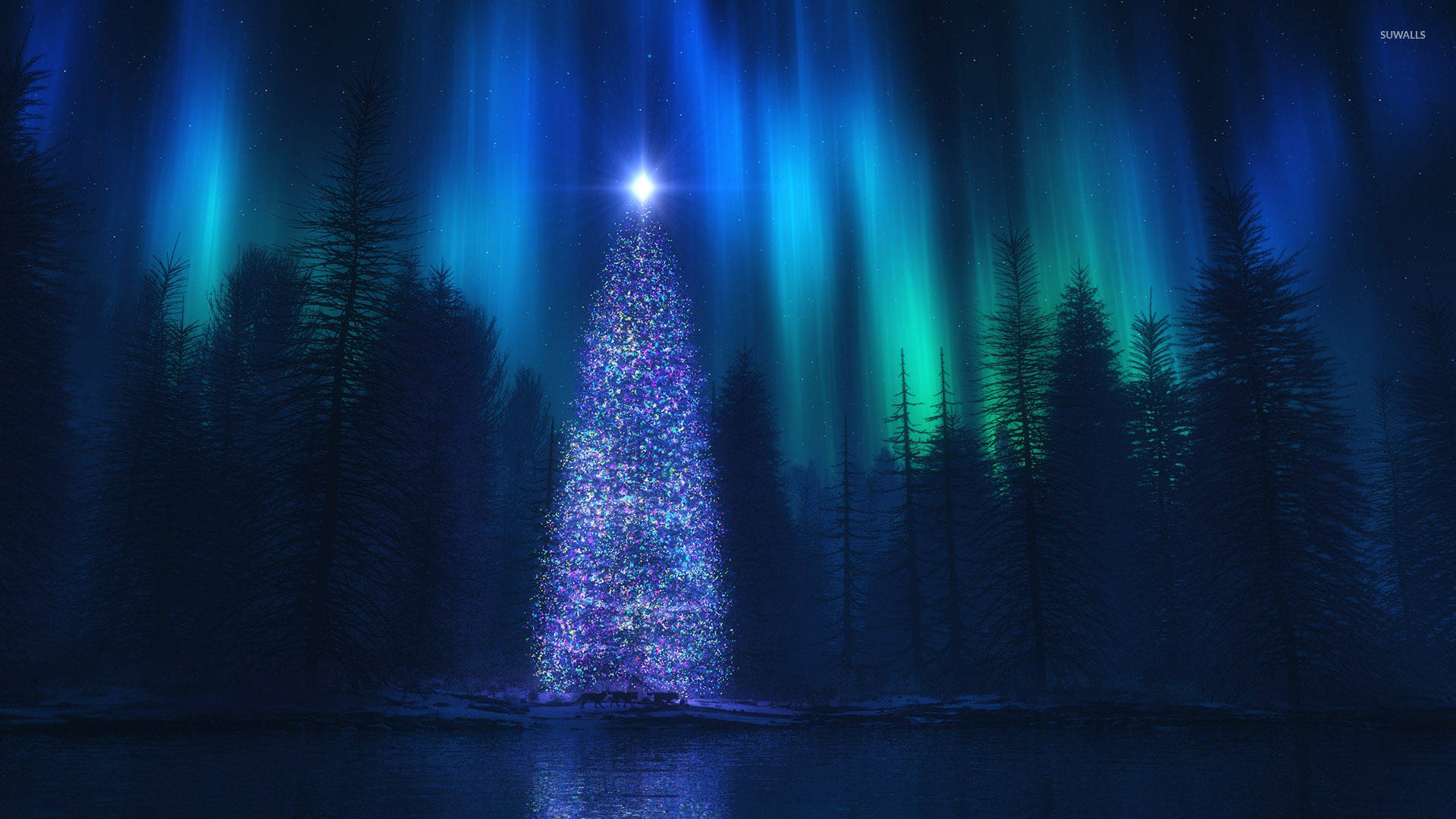 Christmas Forest, glowing blue Christmas tree, snowy forest, Full HD Desktop Wallpaper