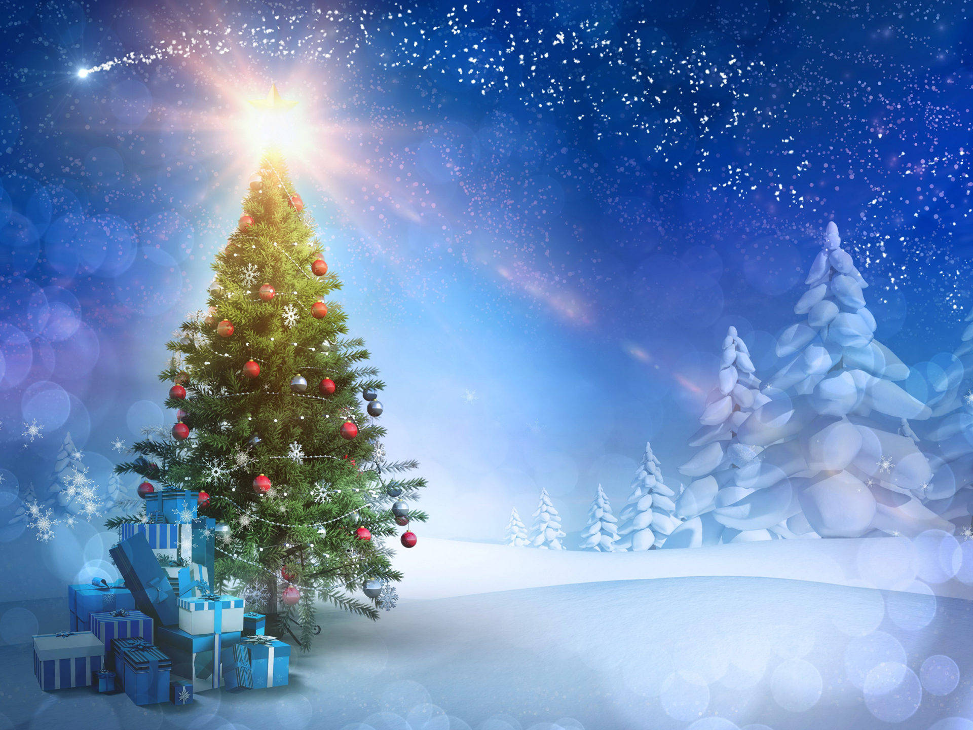 Christmas Forest, glowing Christmas tree, red ornaments, Full HD Desktop Wallpaper