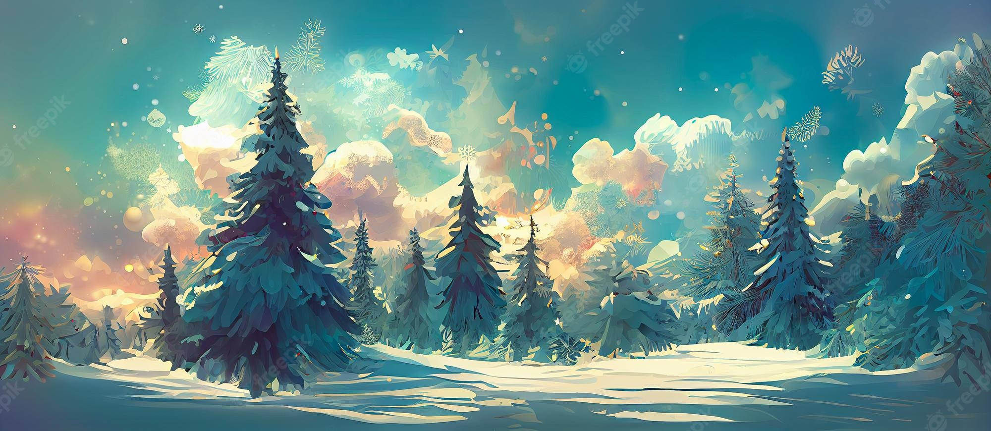 Christmas Forest, snow-covered pine trees, vibrant twilight sky, Full HD Desktop Wallpaper