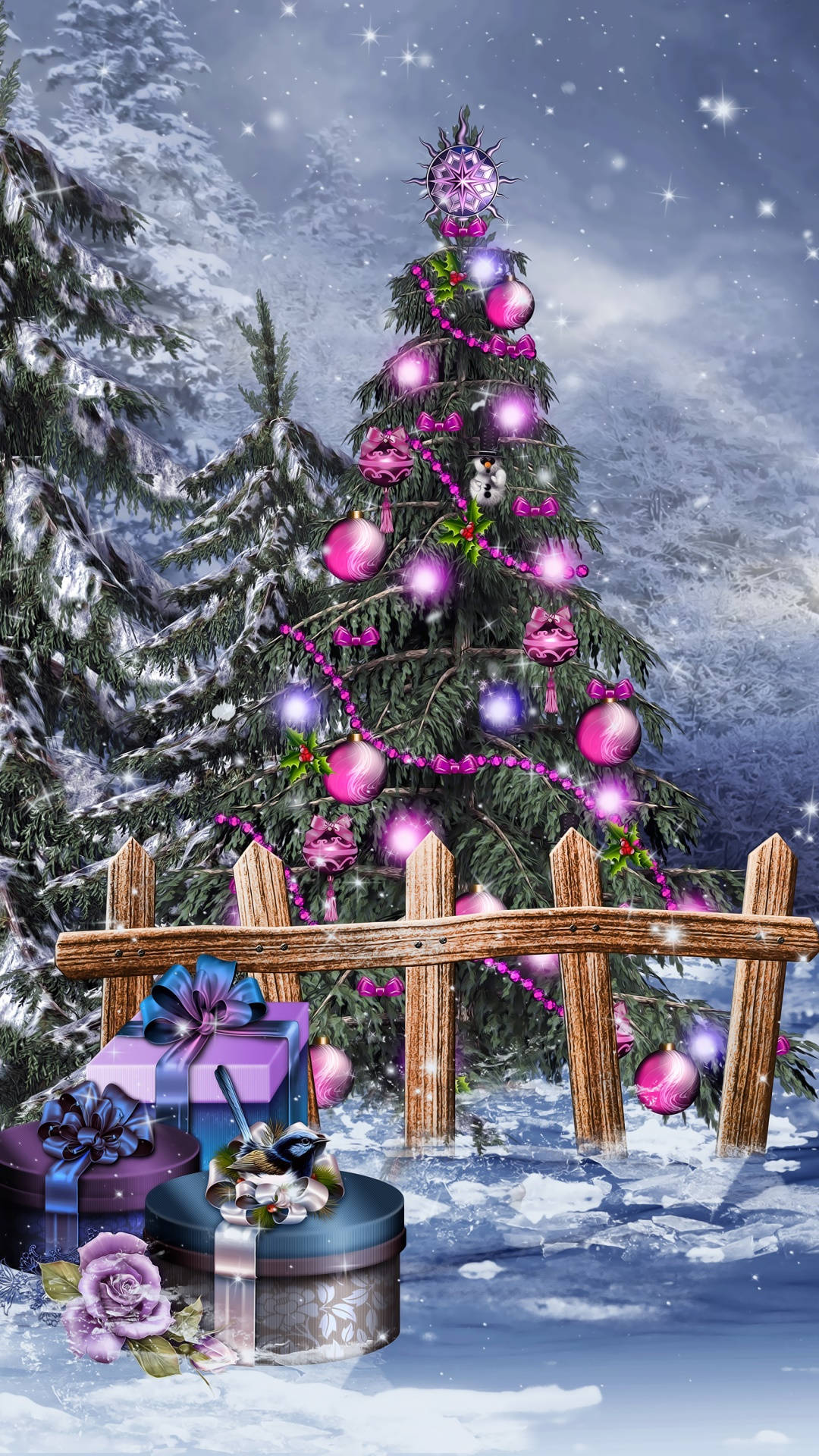 Christmas Forest, pink tree, snow-covered pine tree, Full HD Phone Wallpaper