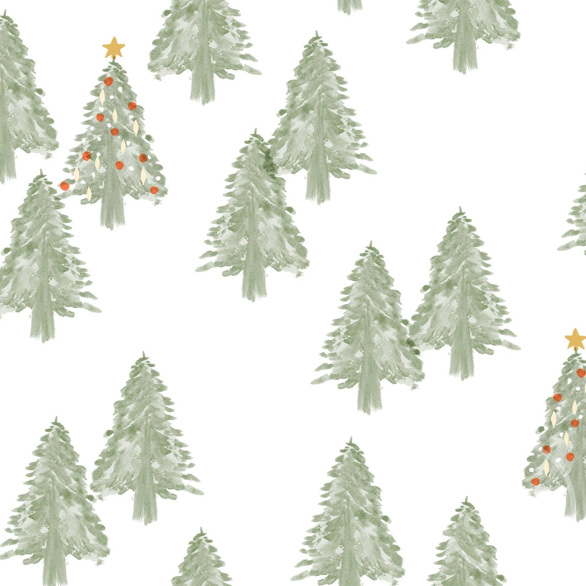 Christmas Forest, watercolor-style, orange ornaments, HD Desktop Wallpaper
