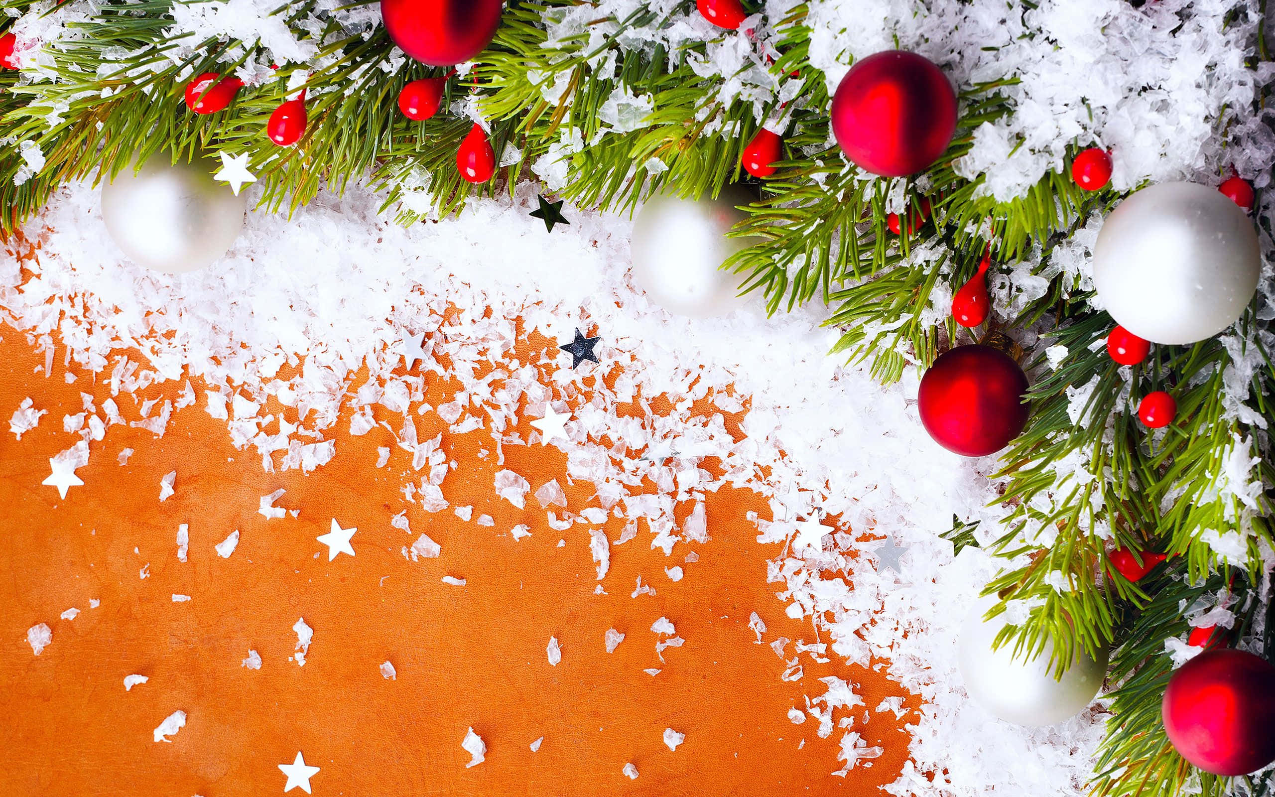 red and green christmas, Christmas tree, snow-dusted pine, 2K Desktop Wallpaper