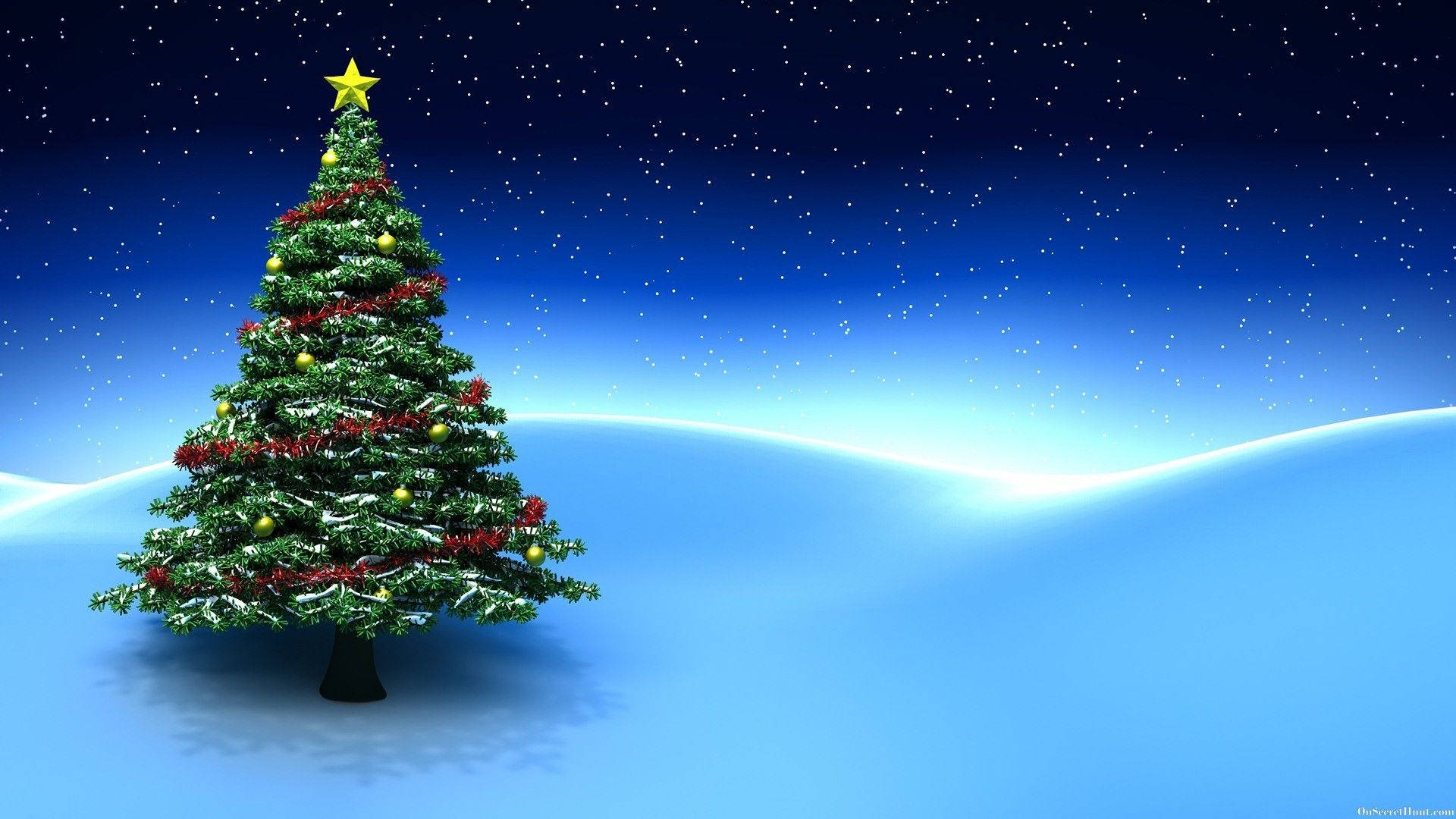 Christmas tree, red ribbons, golden ornaments, Full HD Desktop Wallpaper