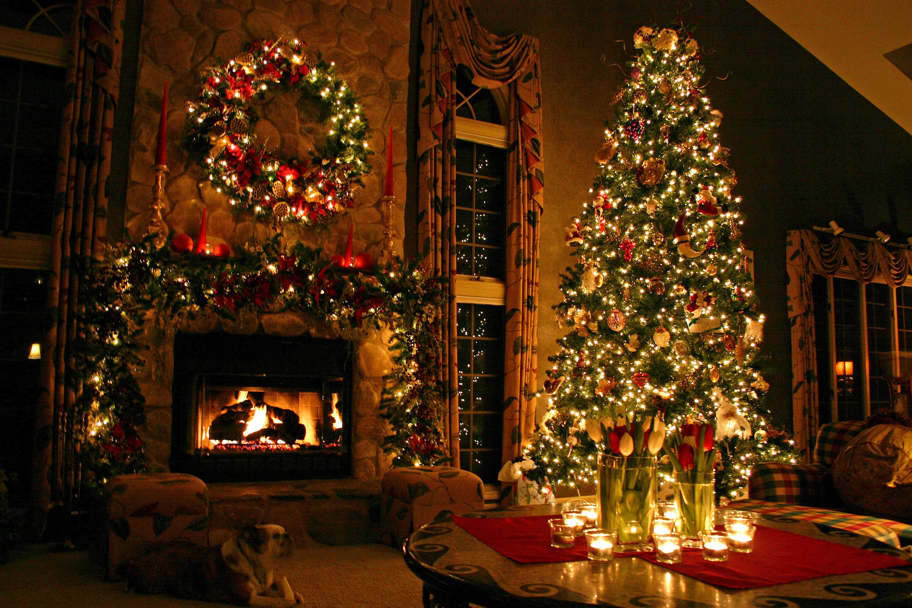 Tall Christmas Tree, fireplace, glowing fireplace, 2K Desktop Wallpaper