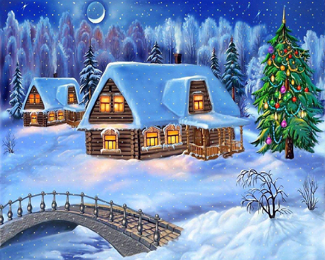 Winter Christmas Log Cabin, snow, moonlit sky, HD Desktop Wallpaper