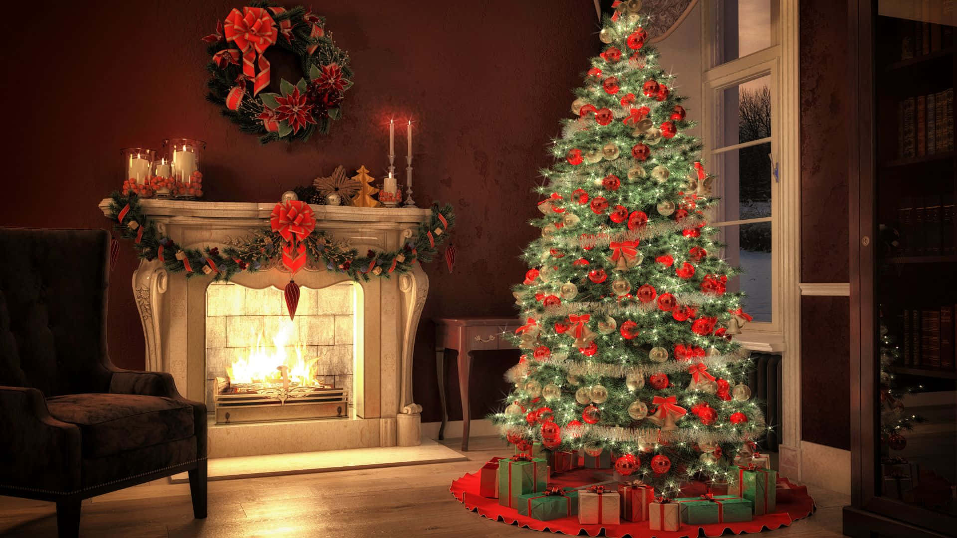 Christmas tree, crackling fireplace, red bows, Full HD Desktop Wallpaper