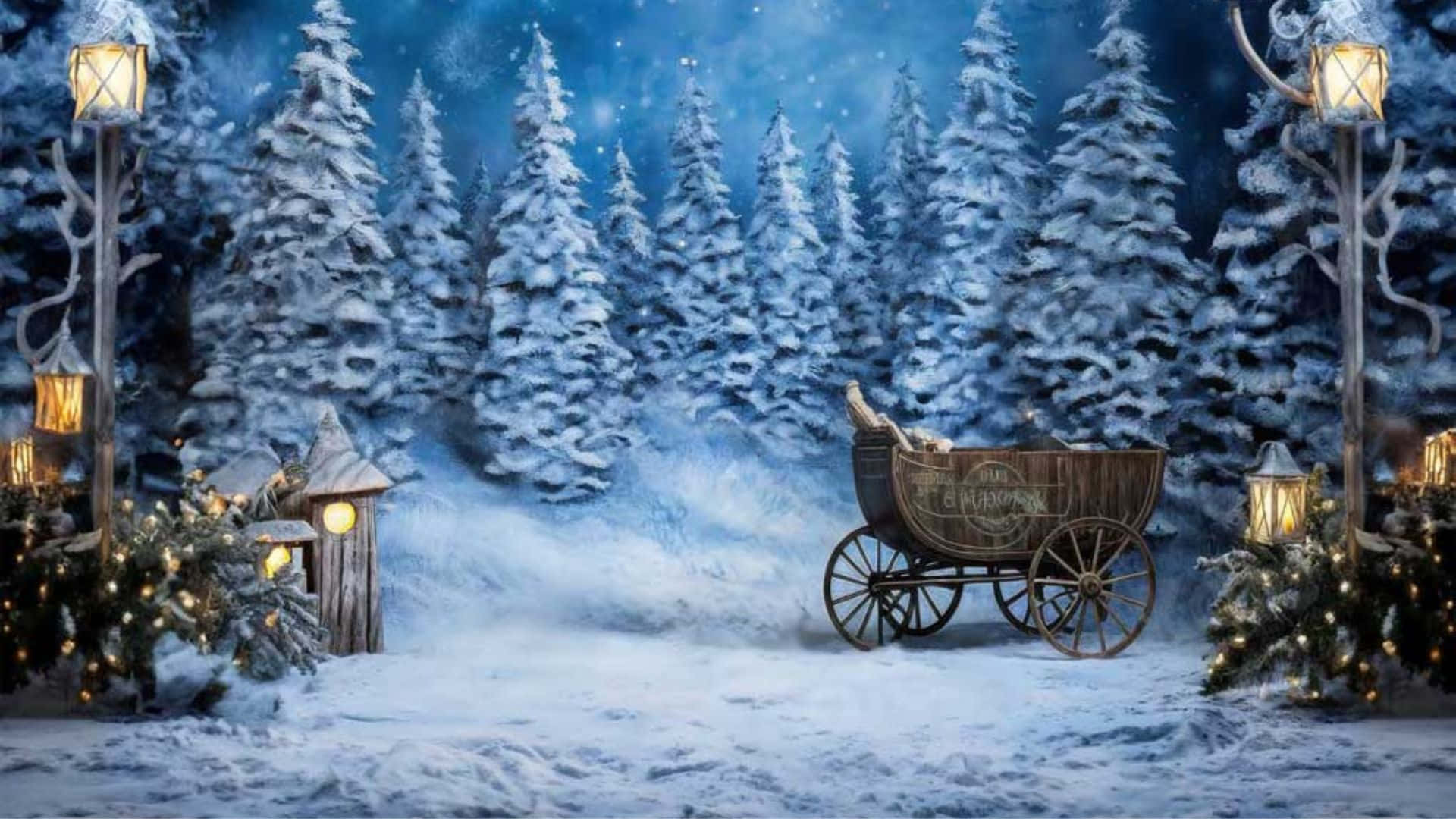 Christmas Snowy Forest Scene, vintage wooden carriage, snowy forest, Full HD Desktop Wallpaper