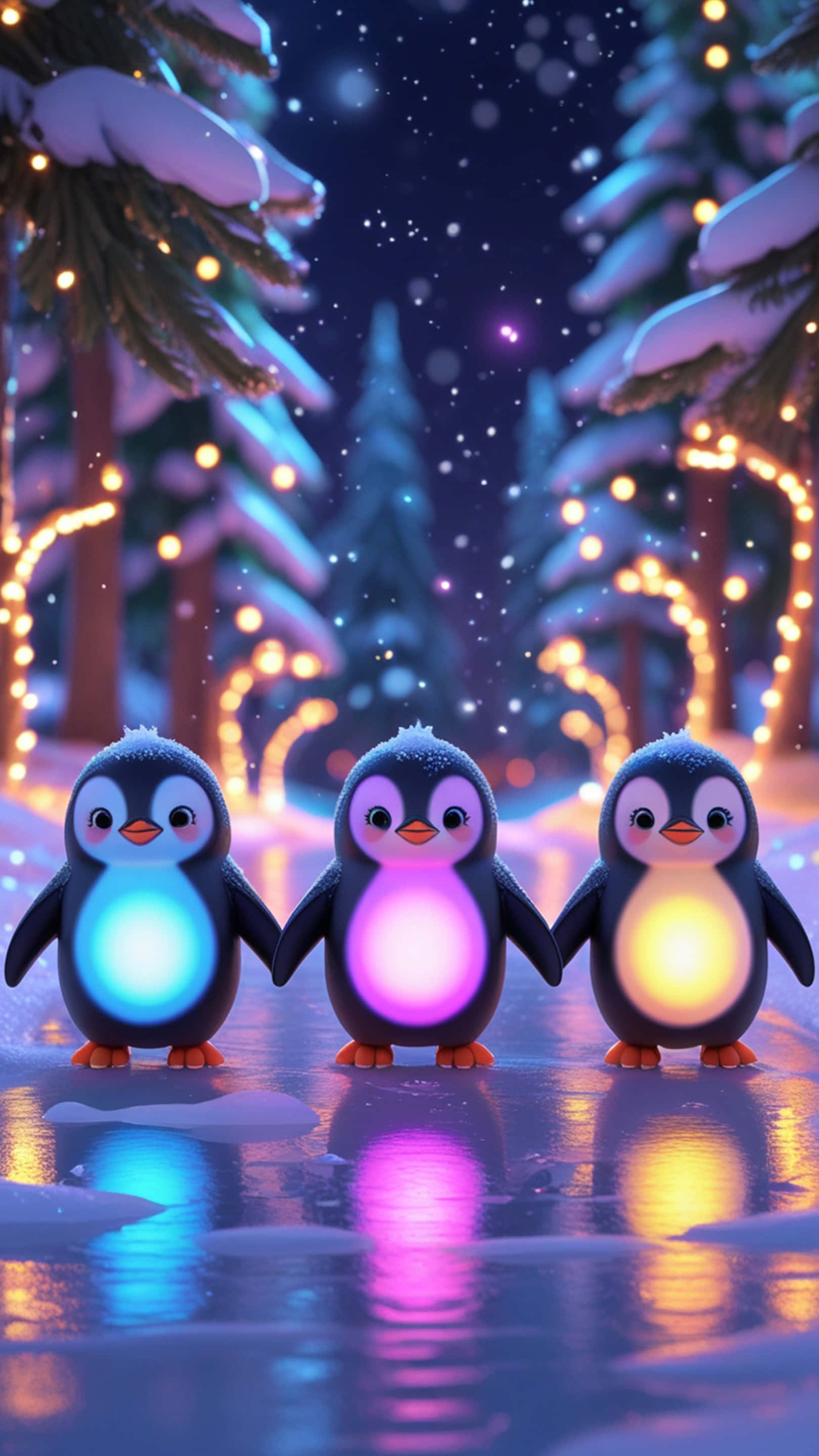 glowing penguins, snowy path, twinkling lights, 2K Phone Wallpaper