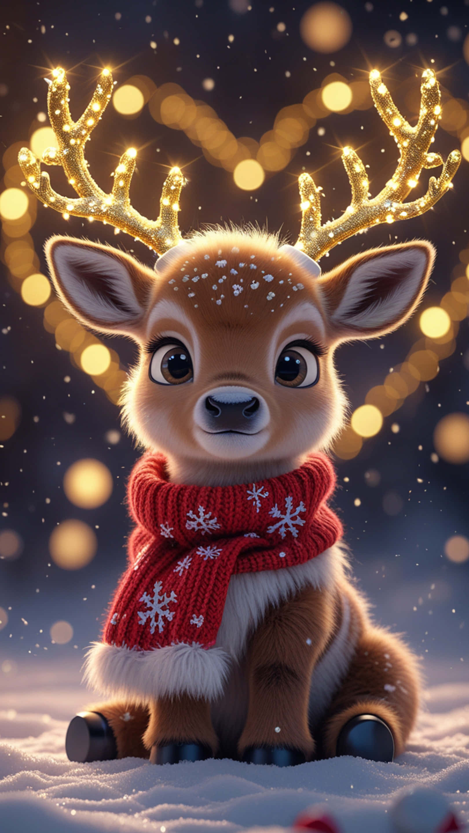 cartoon deer, glowing golden antlers, red snowflake scarf, 2K Phone Wallpaper