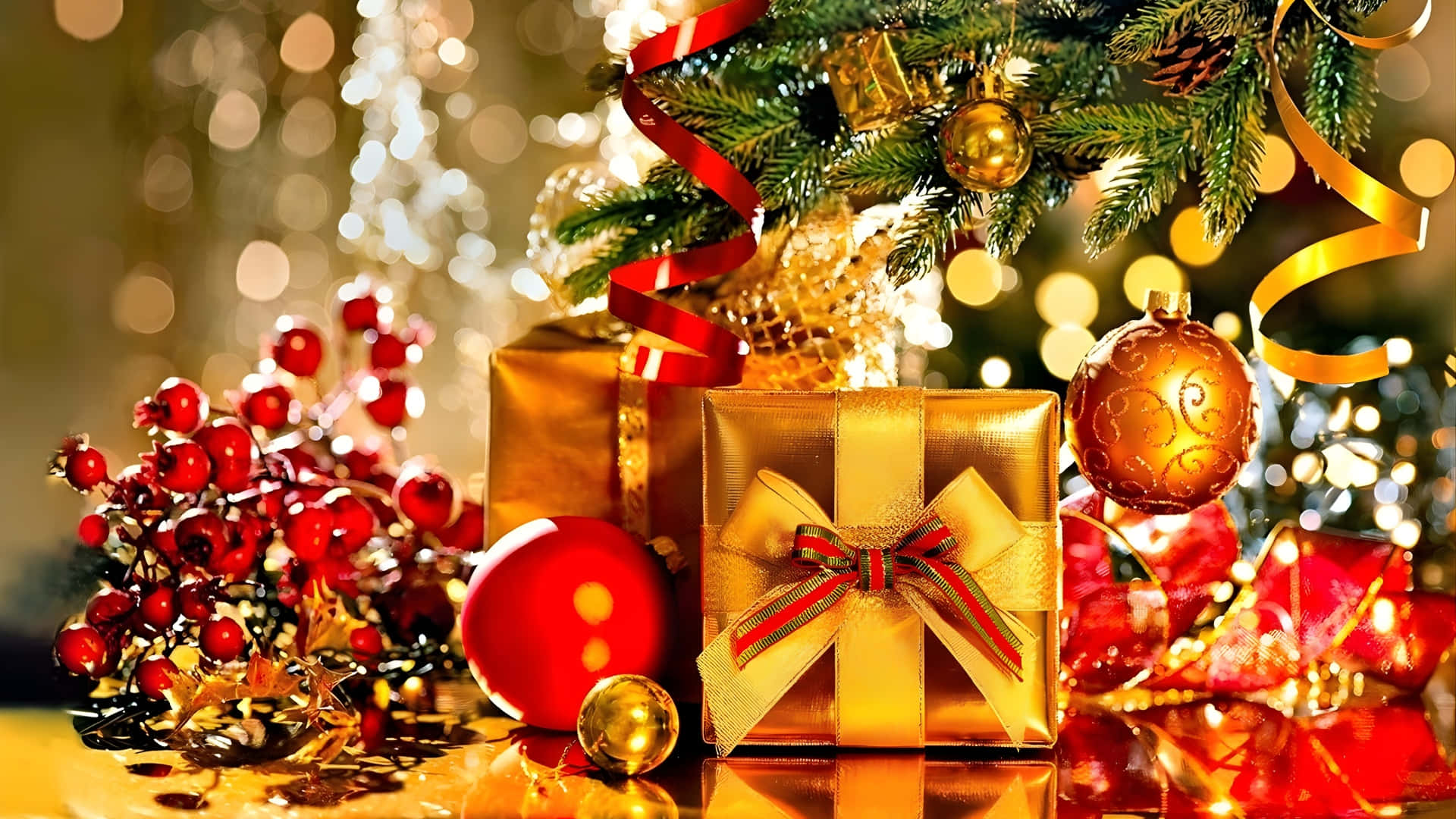 Christmas tree, red bows, golden wrapped gifts, Full HD Desktop Wallpaper
