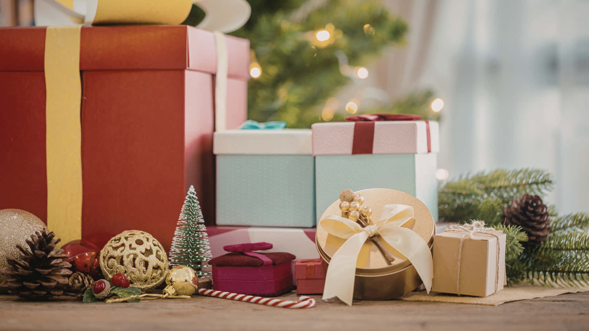 Christmas Gift, festive holiday scene, colorful wrapped gifts, Full HD Desktop Wallpaper