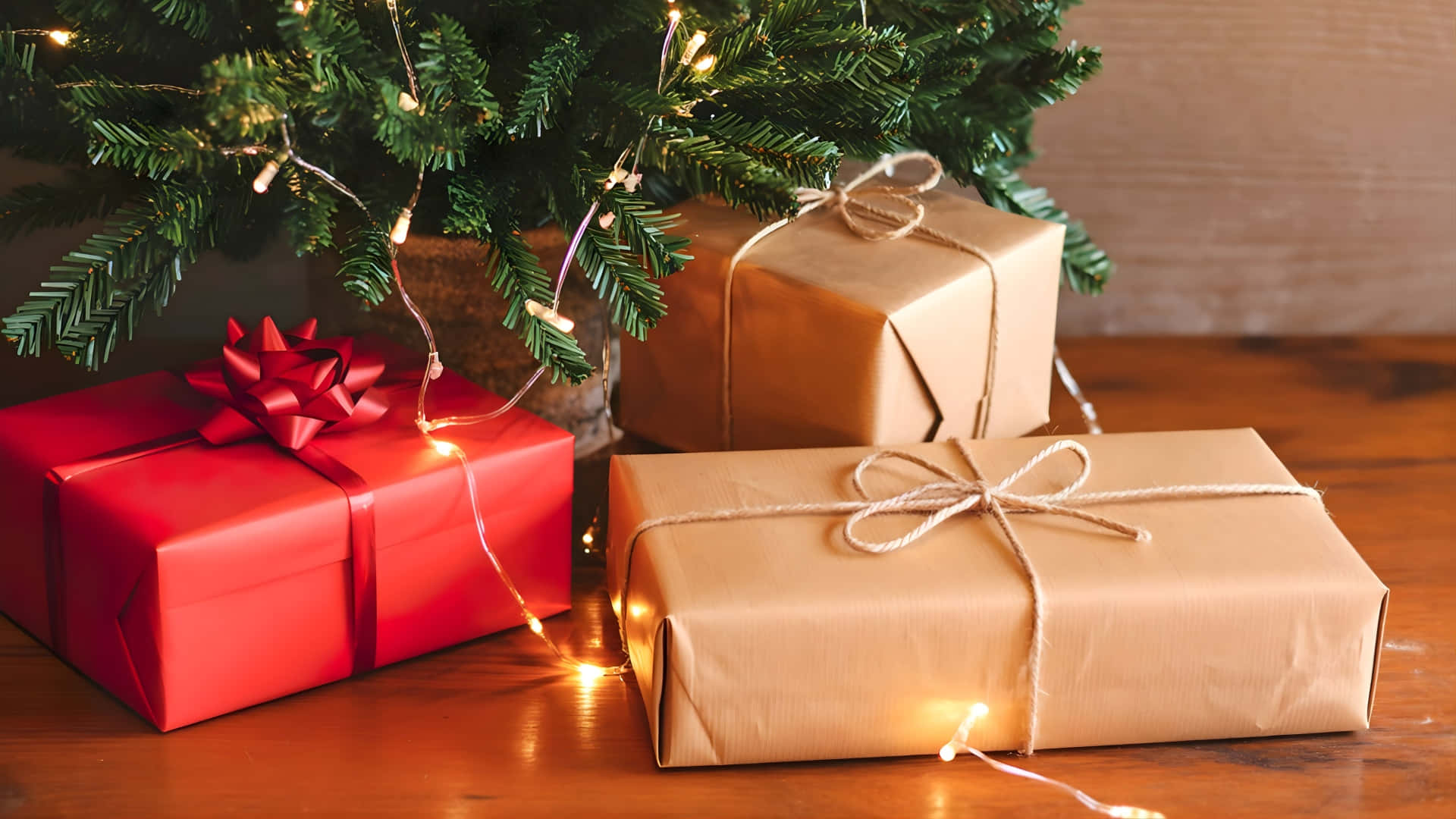 Christmas tree, wrapped gifts, fairy lights, Full HD Desktop Wallpaper