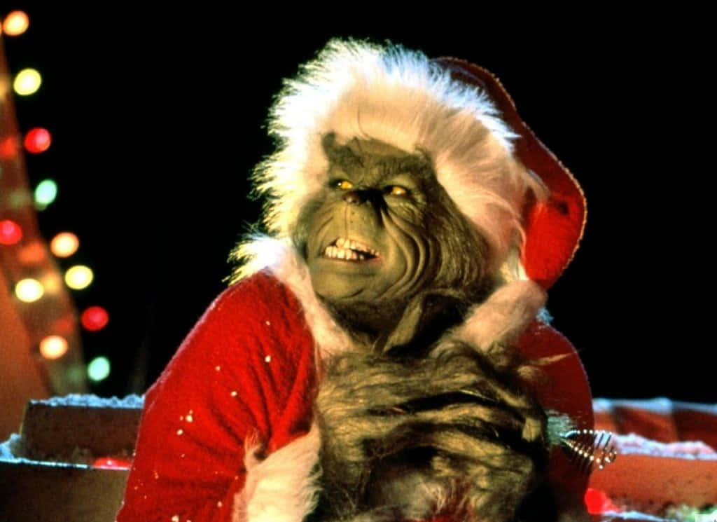 Grinch, red Santa suit, white fur trim, SD Desktop Wallpaper