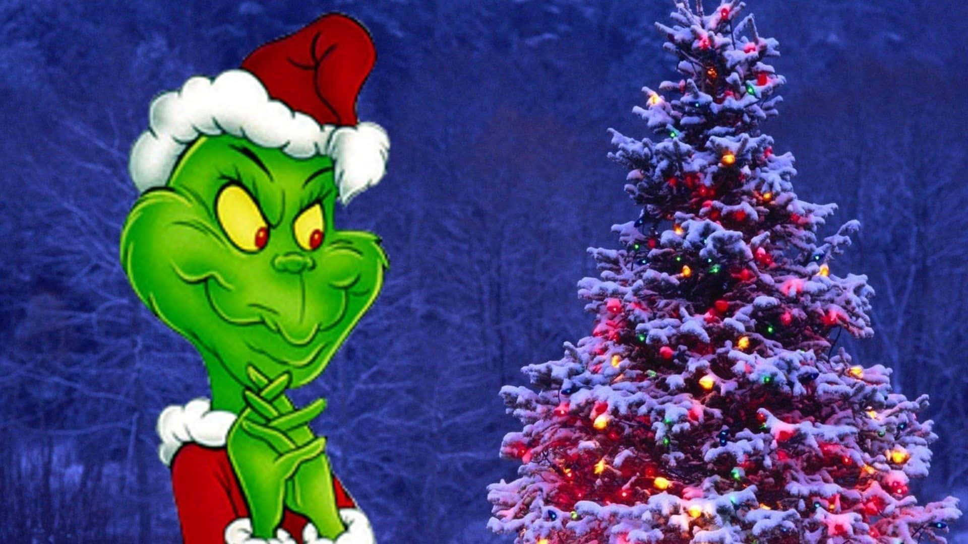 Christmas Grinch, red Santa hat, snow-covered Christmas tree, Full HD Desktop Wallpaper