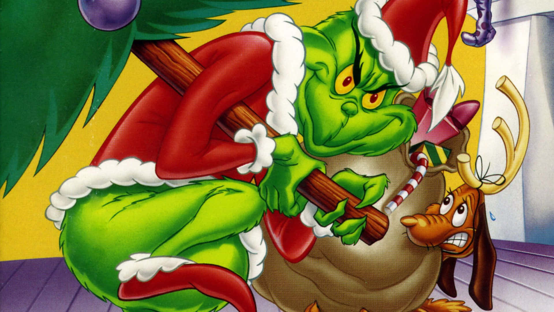 Grinch, red Santa suit with white trim, large sack, Full HD Desktop Wallpaper