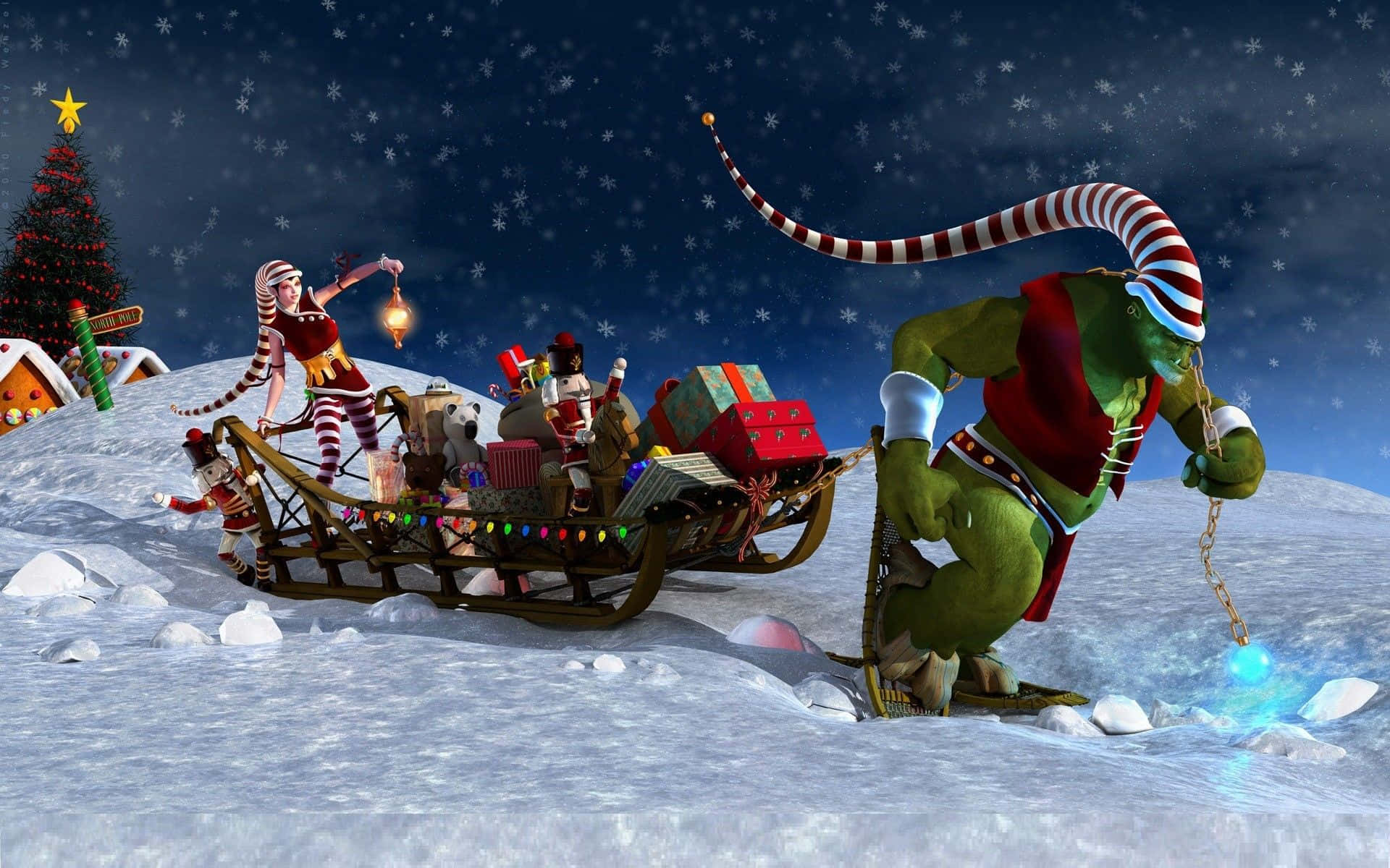 Christmas Grinch, green ogre, sleigh, Full HD Desktop Wallpaper