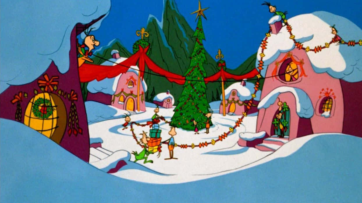 Christmas Grinch, cartoon village, snow, SD Desktop Wallpaper