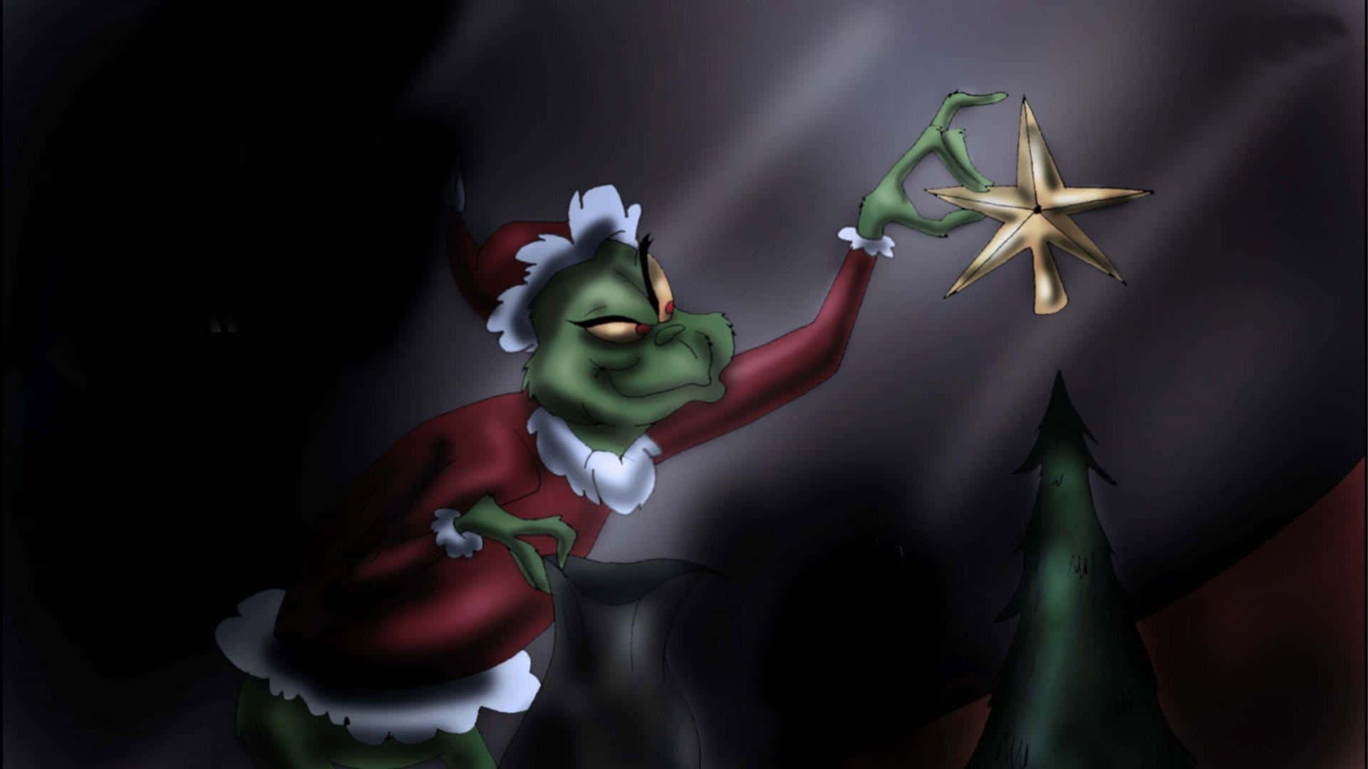 Grinch, red Santa suit, golden star, Full HD Desktop Wallpaper