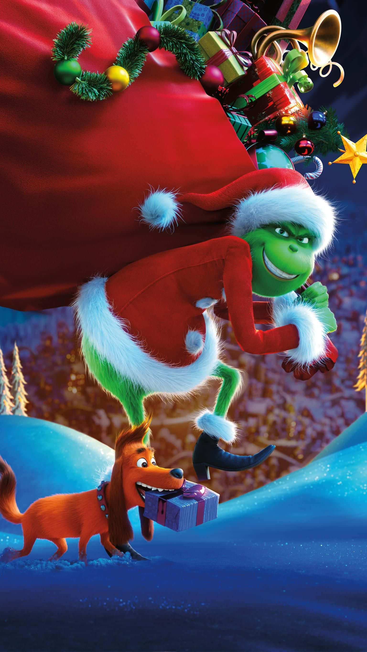 Grinch, Santa suit, snowy hills, 2K Phone Wallpaper
