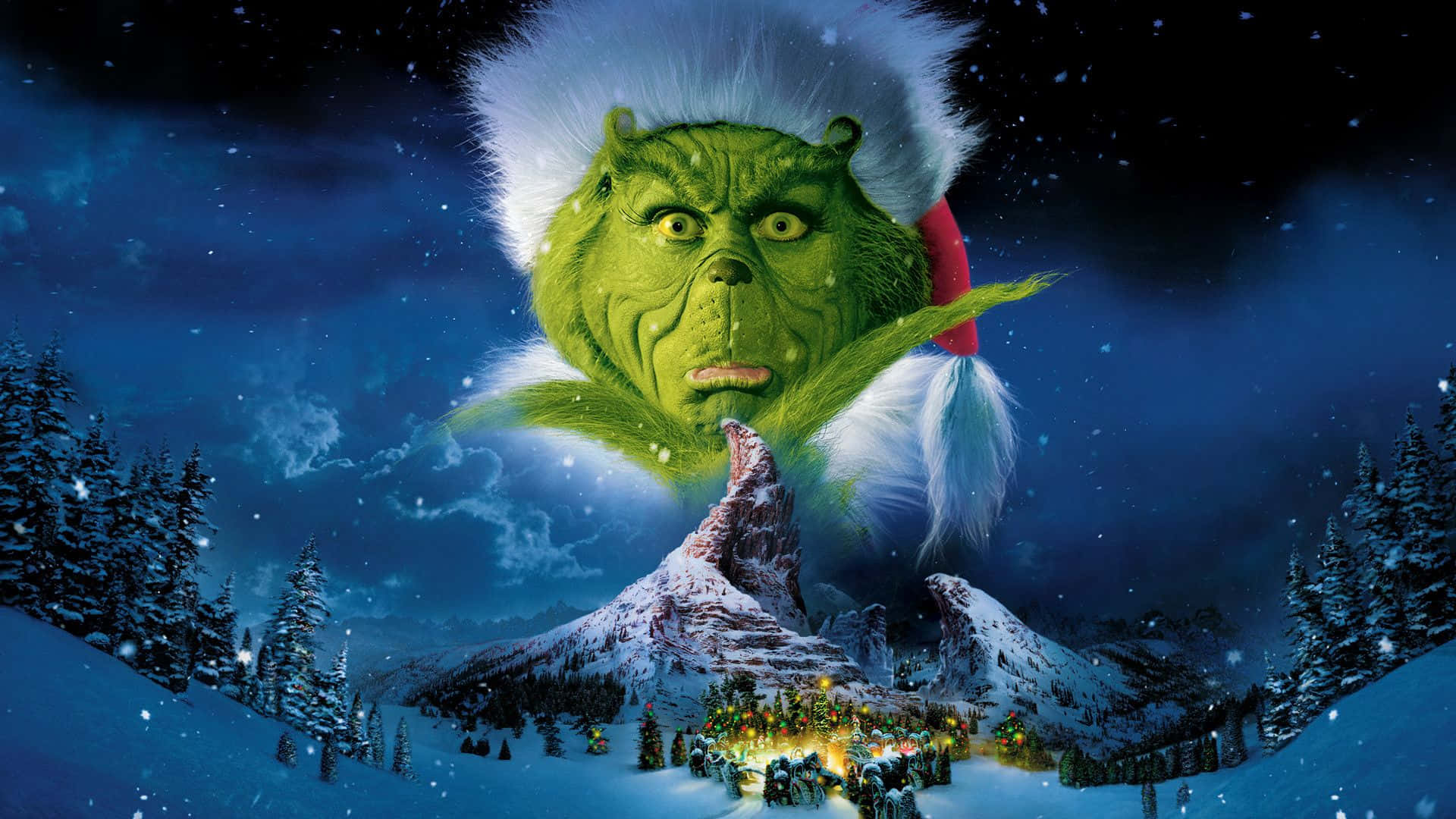The Grinch, snowy mountain village, starry night sky, Full HD Desktop Wallpaper